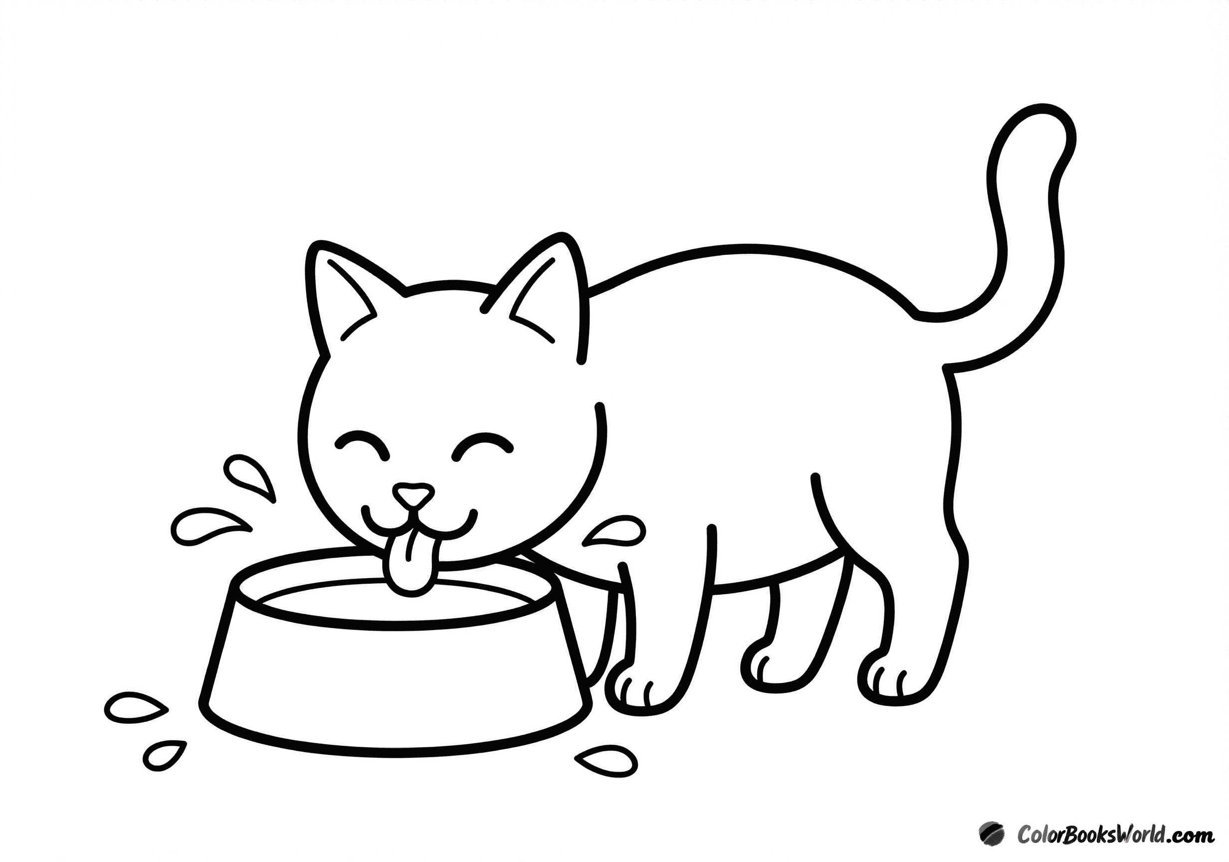 A happy cat drinks from a simple bowl, with small splash lines around it.