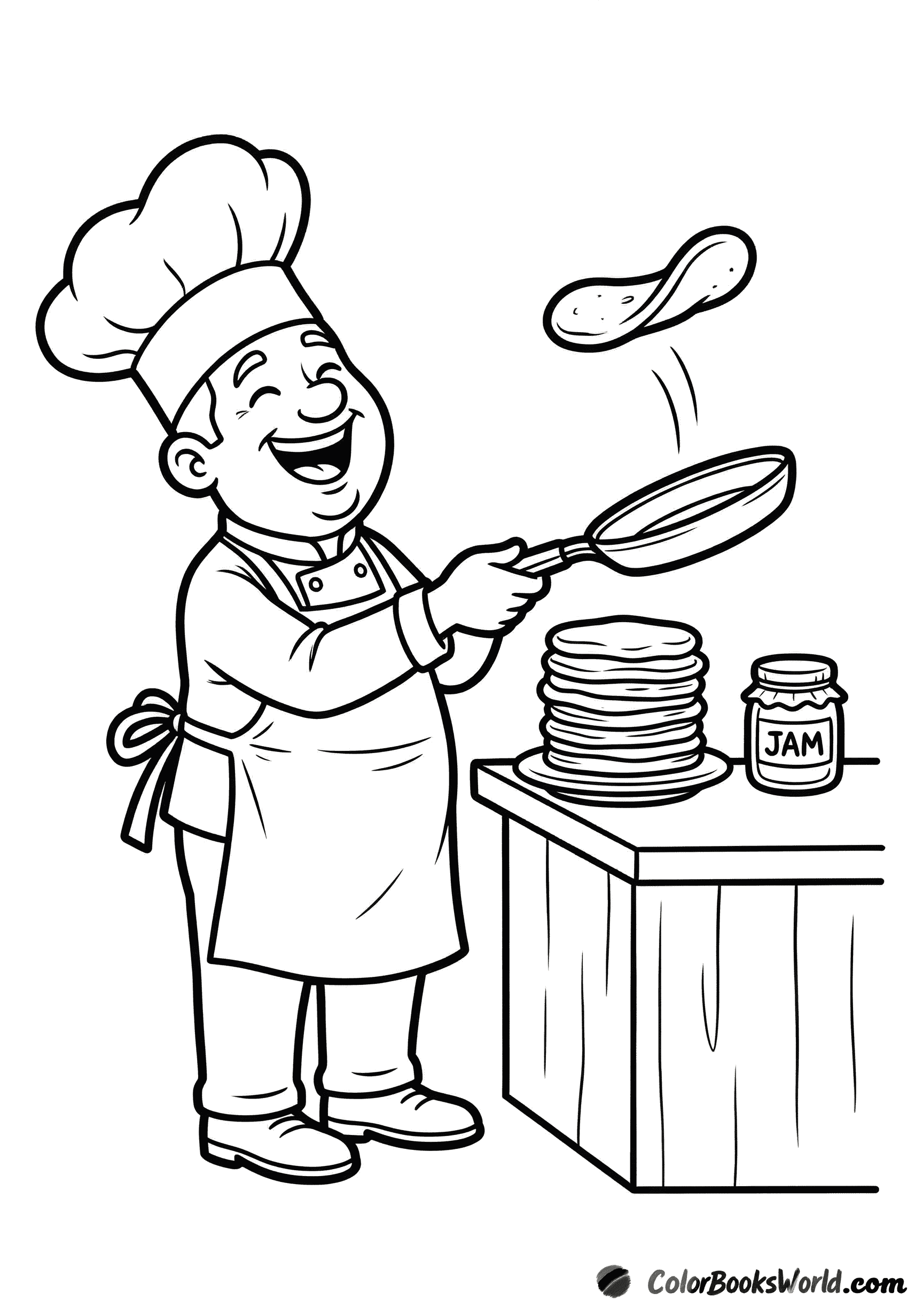 A cheerful chef in a tall hat flips a pancake in the air next to a stack of pancakes and a jar of jam.