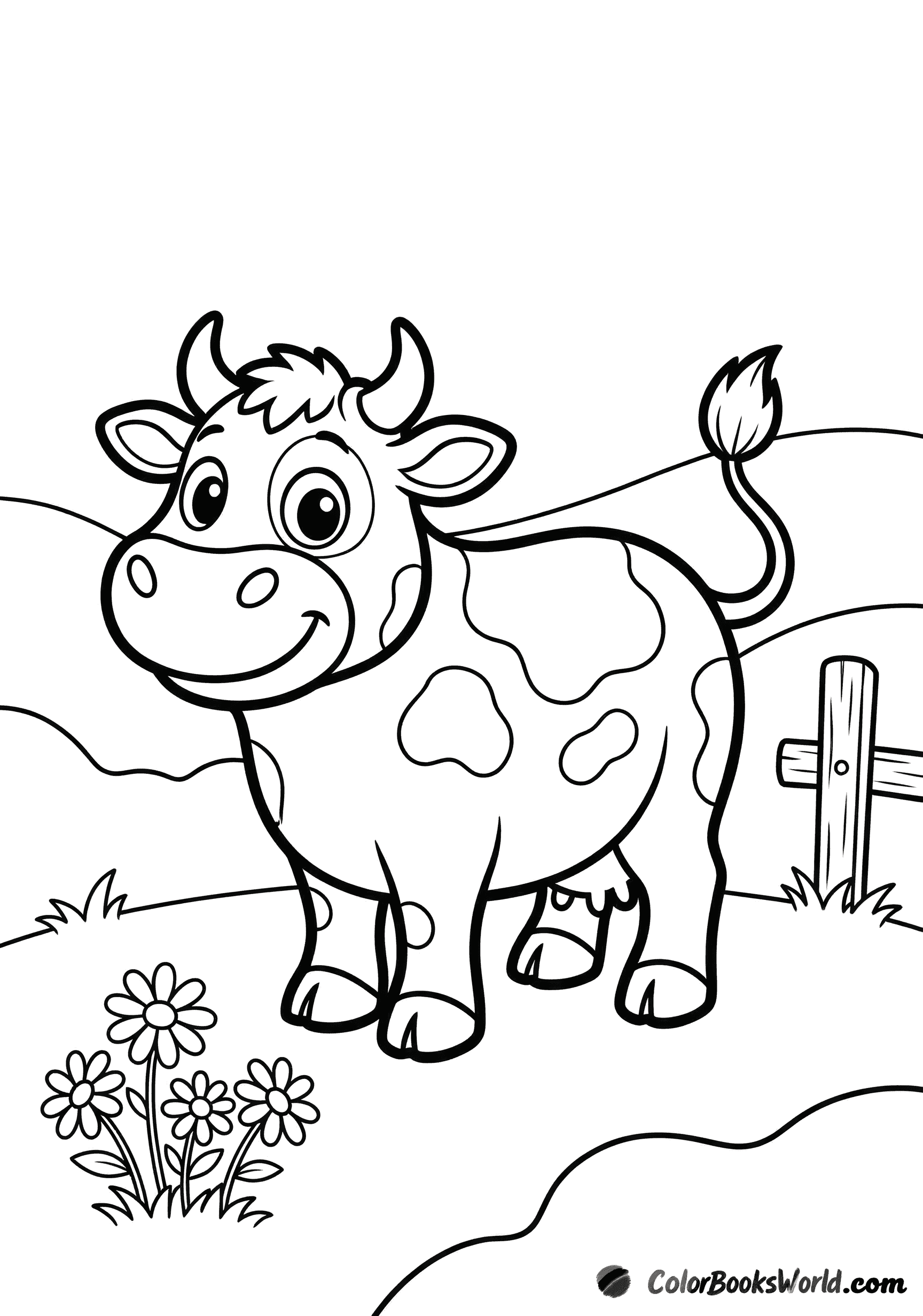 A smiling spotted cow stands in a meadow with daisies beside a wooden fence post.