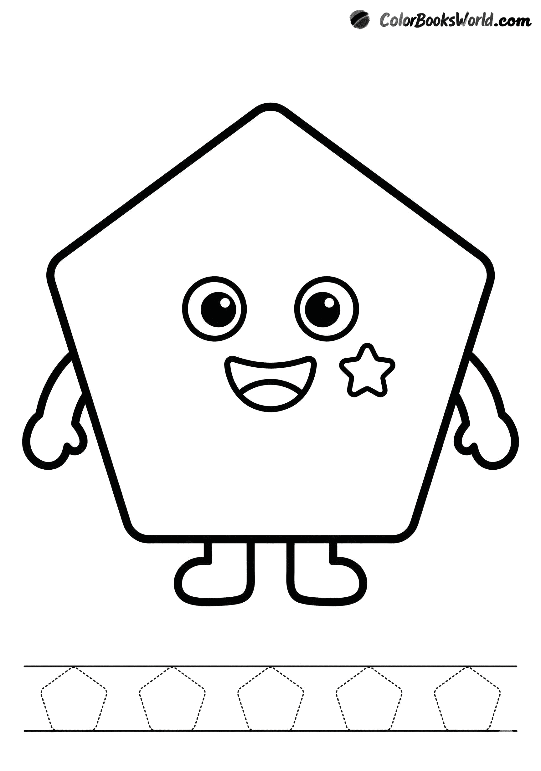 A smiling pentagon character with small arms and legs, a tiny star, and dotted pentagons to trace.