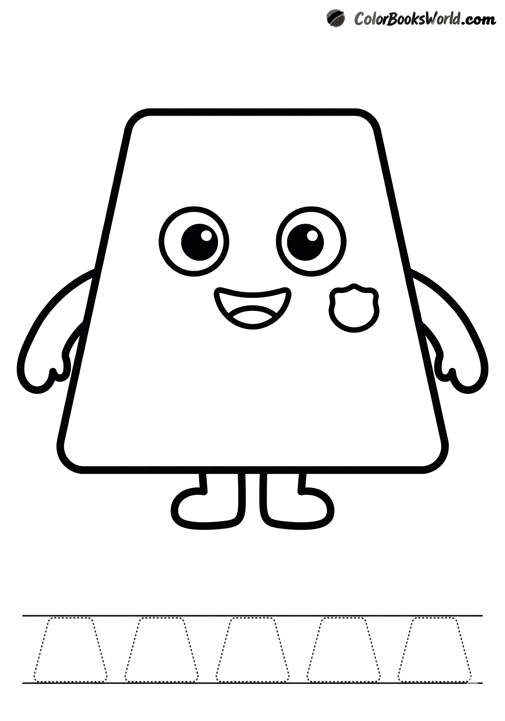 A smiling trapezoid character with small arms and feet, plus dotted trapezoids for tracing.