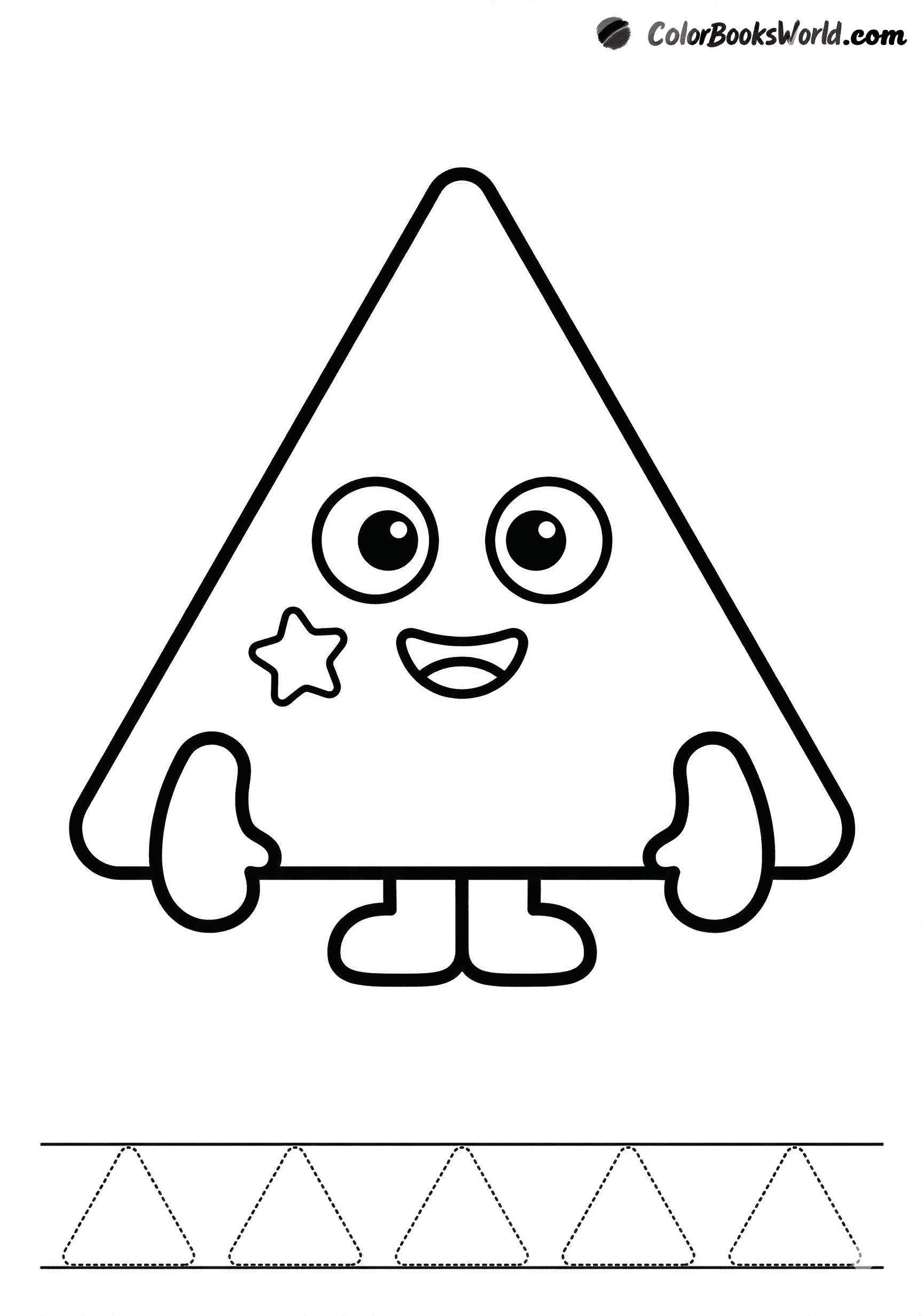 A smiling rounded triangle character with small arms, one leg, and a tiny star beside it.