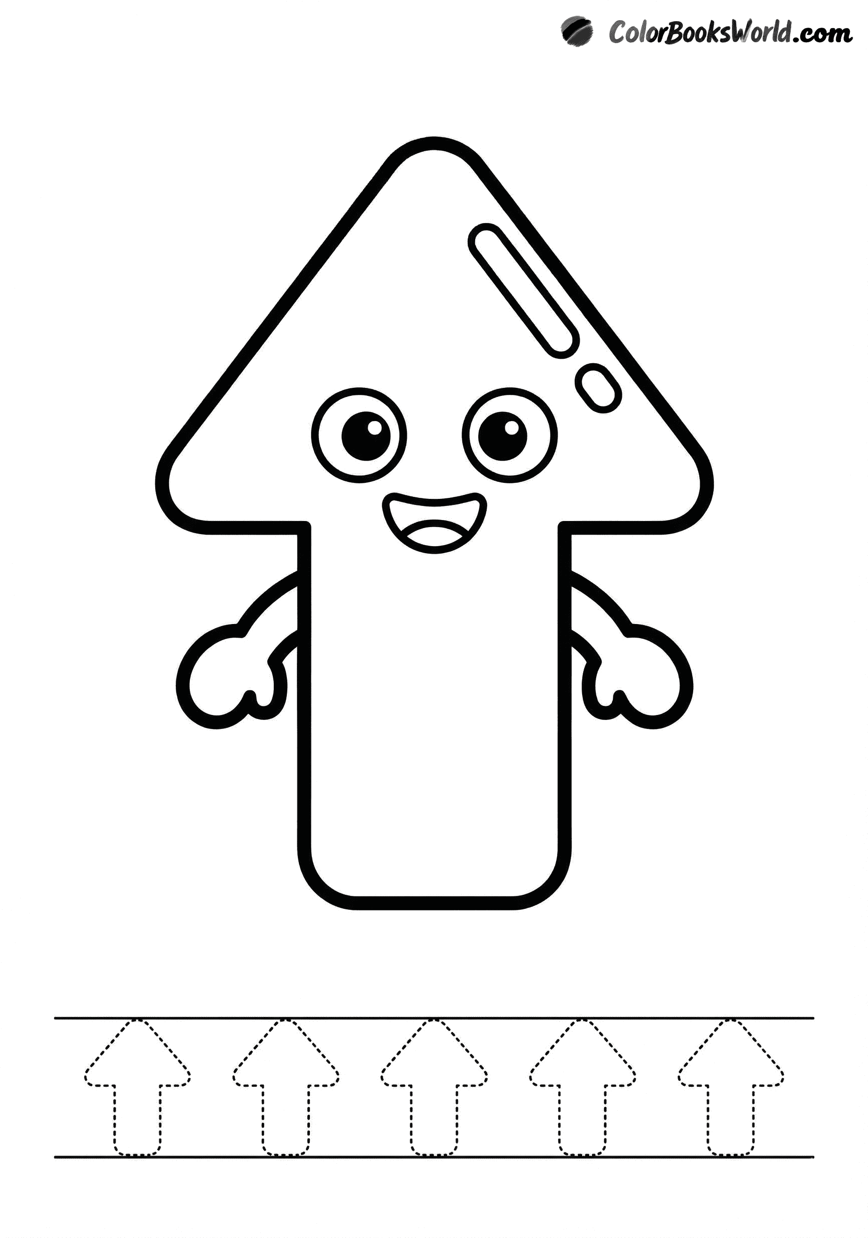 A smiling up-pointing arrow character with small arms, plus dotted arrows for tracing practice.