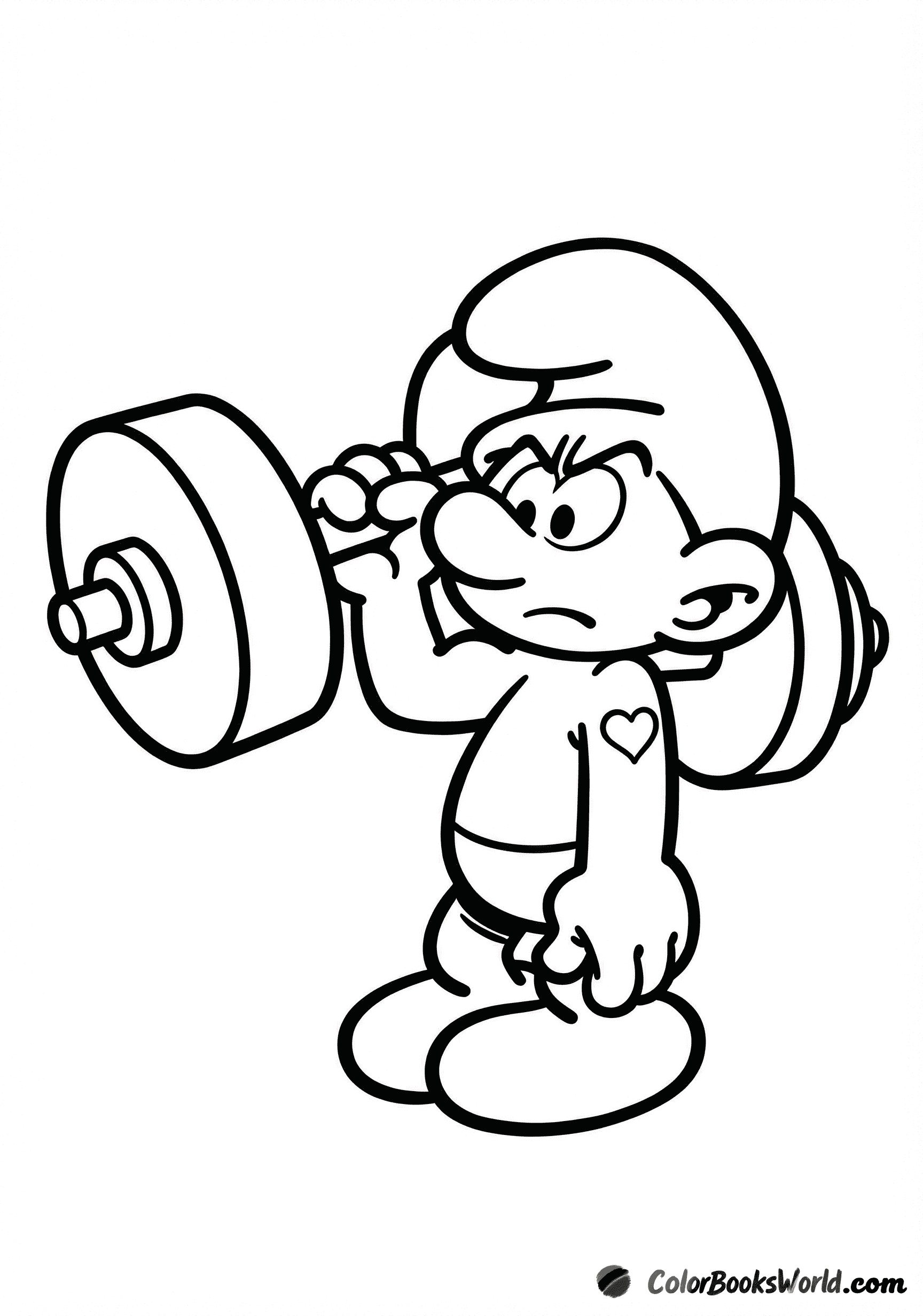 Hefty Smurf lifts a large dumbbell, showing his strength during a workout.