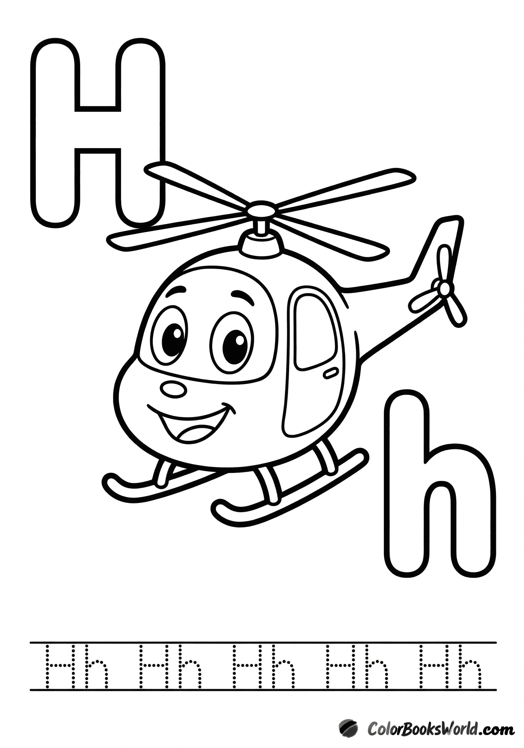 A smiling helicopter beside big bubble letters H and h, with a dotted tracing line below.