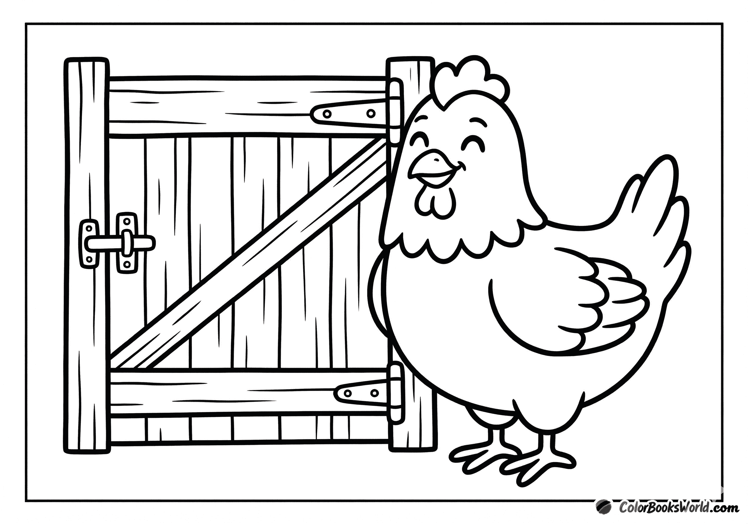 A cheerful cartoon hen stands beside a rustic wooden barn gate with a simple latch.