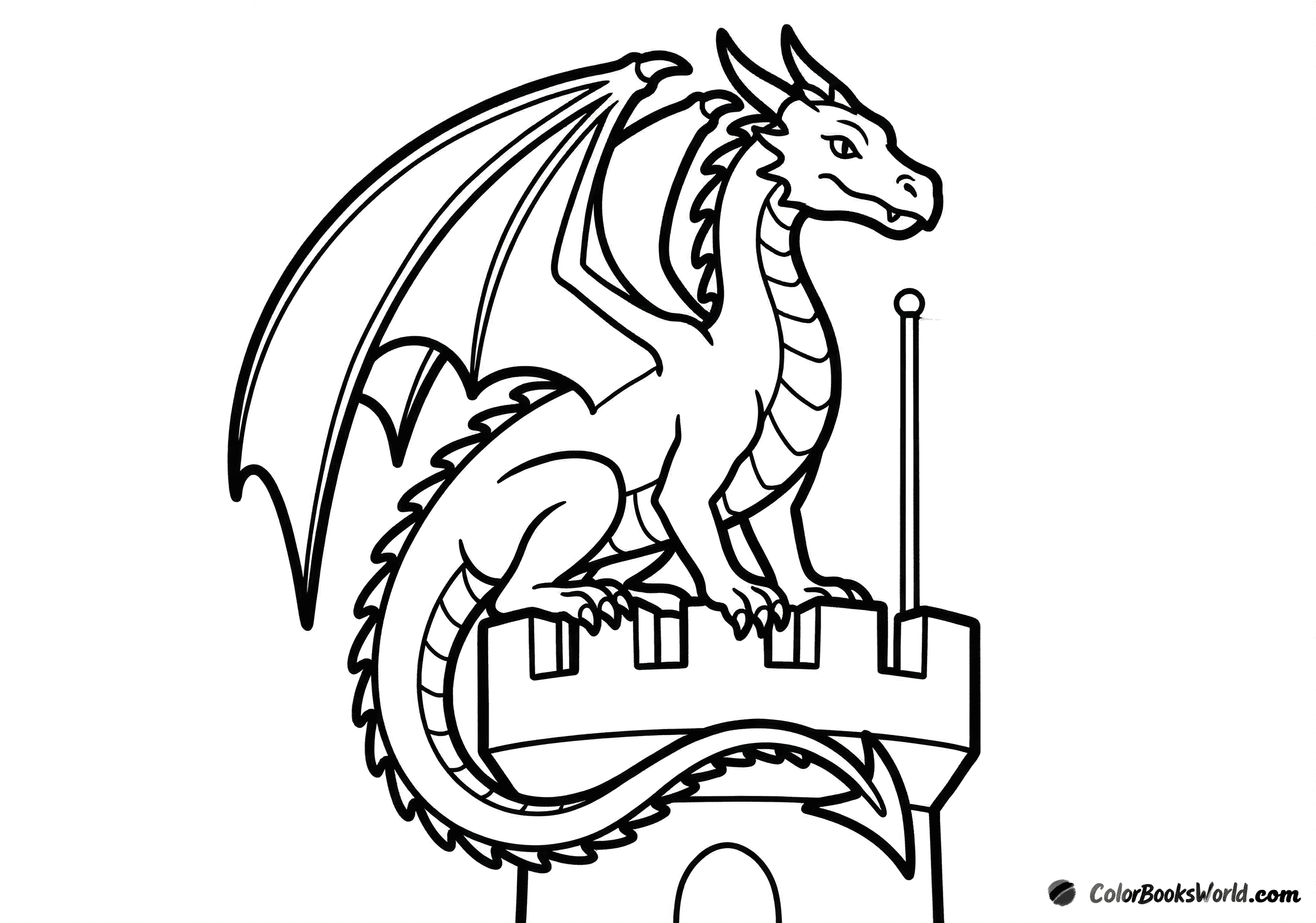 A brave dragon perched beside a stone castle turret with a flagpole.