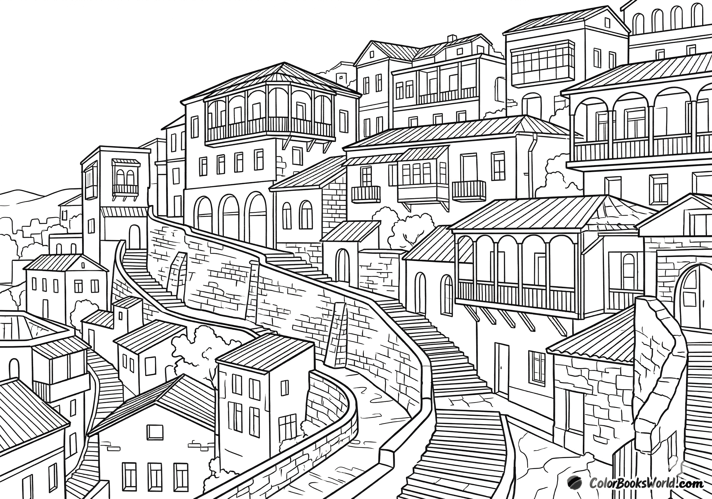 A detailed line art view of a hillside city with terraced houses, winding stone stairways, and layered rooftops.