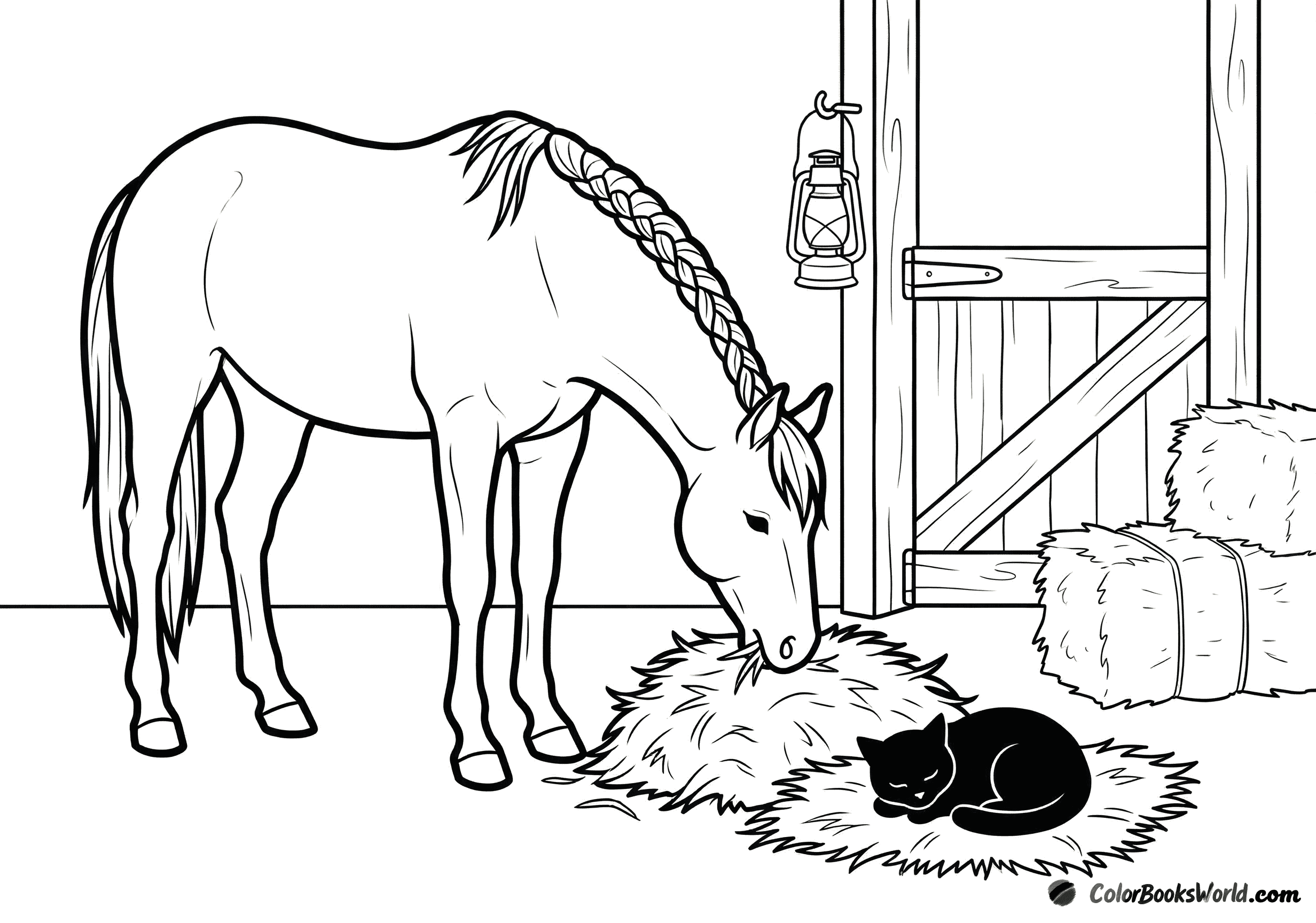 A horse with a braided mane eats hay by a barn door, with a cat and a lantern nearby.