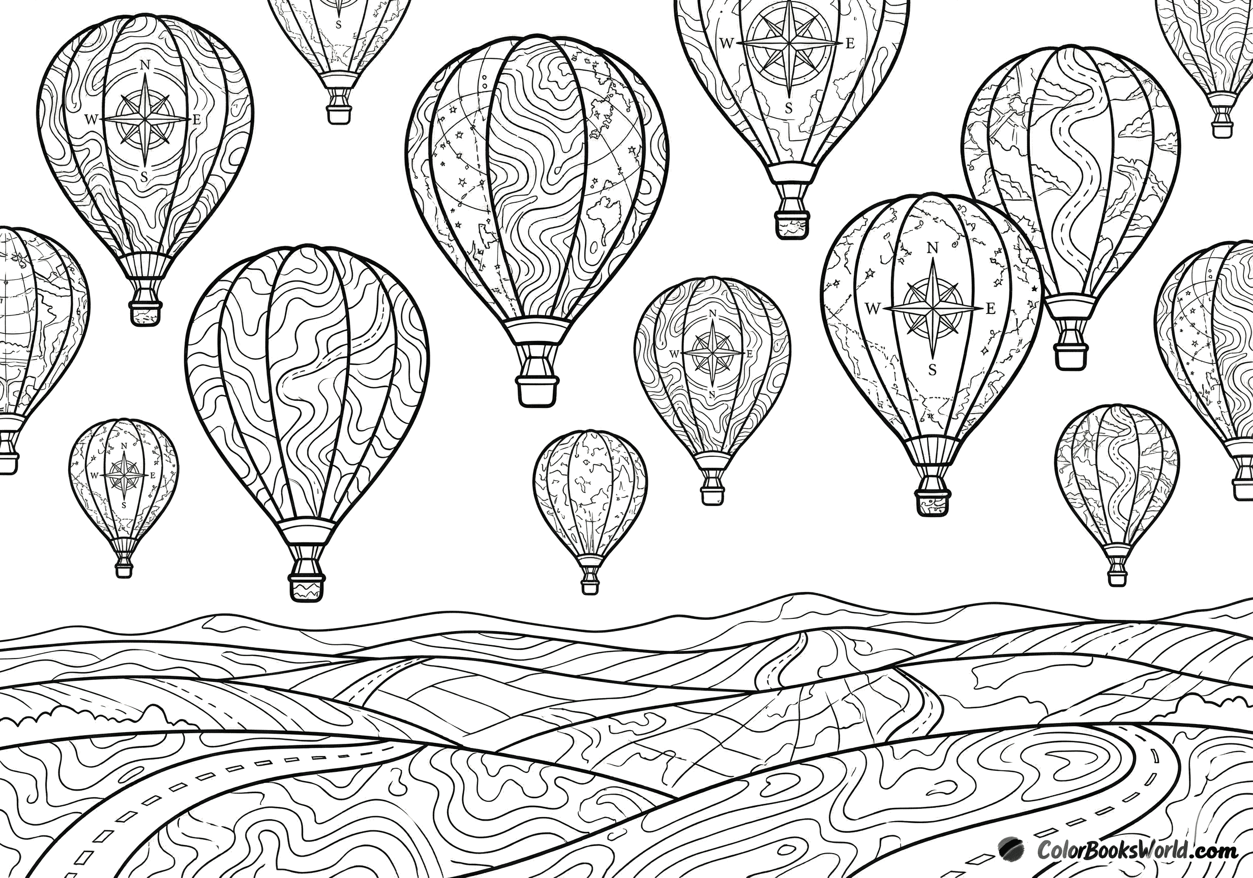 Ornate hot air balloons with map patterns float above a stylized landscape of rolling hills and winding roads.