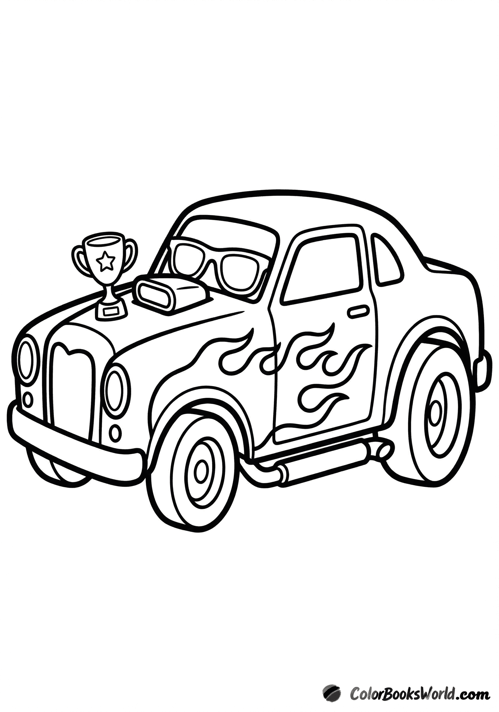 Cartoon hot-rod car with flame decals, a winner’s trophy, and sunglasses on the hood.