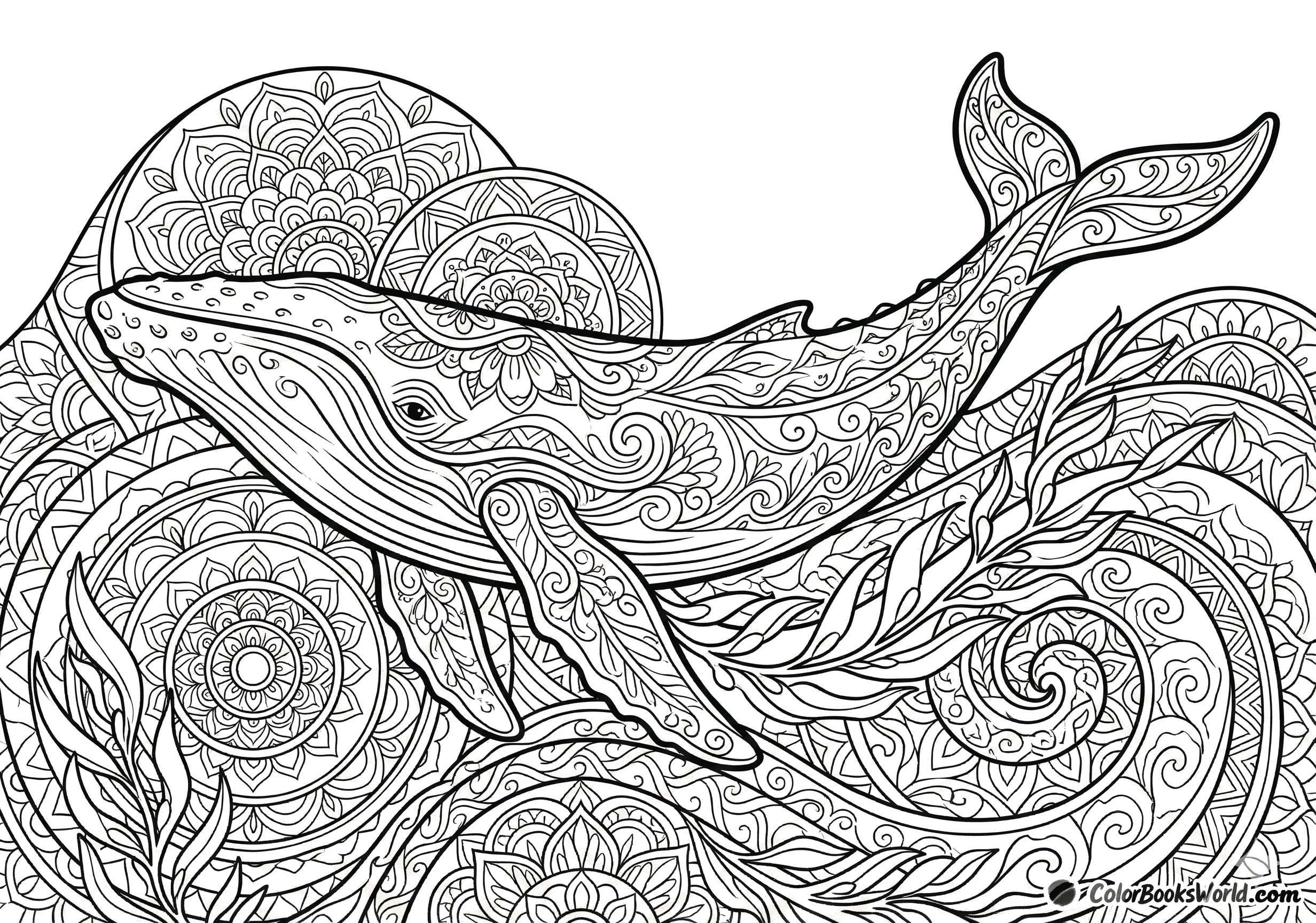 A humpback whale swims through stylized ocean waves with mandala patterns and kelp.