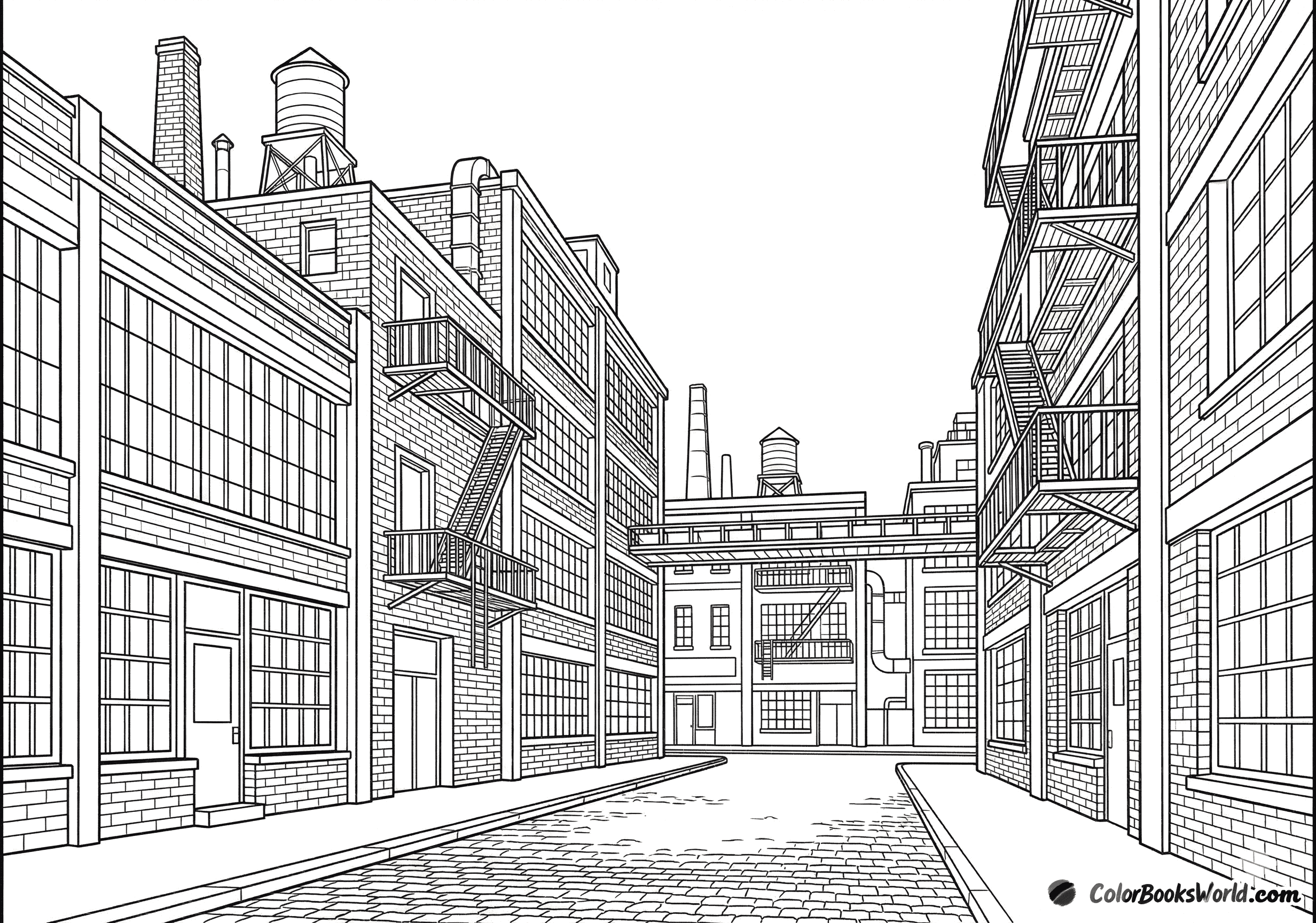 A coloring page of an industrial district with brick factory buildings, large windows, and metal fire escapes.