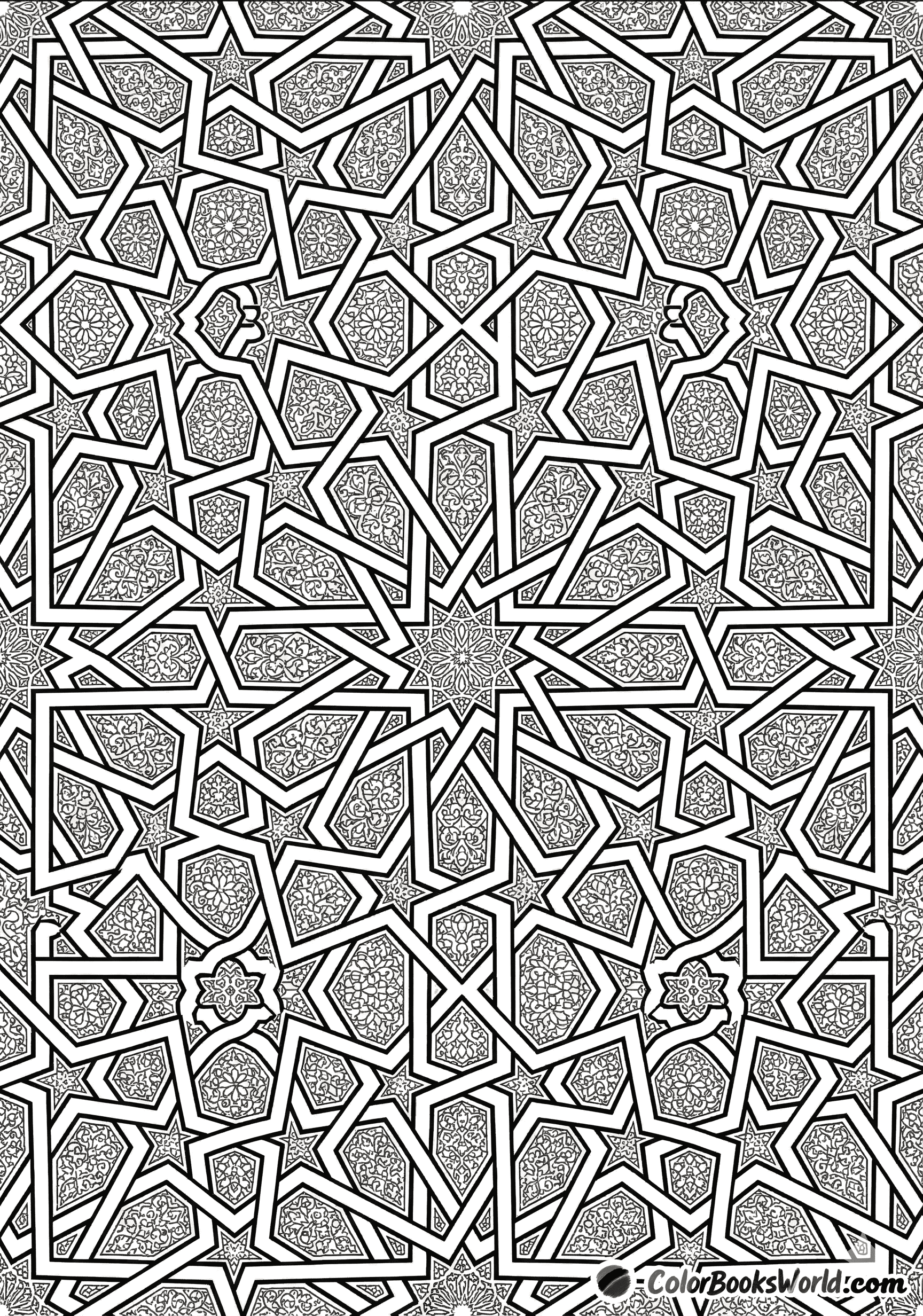 A complex Islamic-style geometric mosaic with star polygons and interlaced lines for coloring.