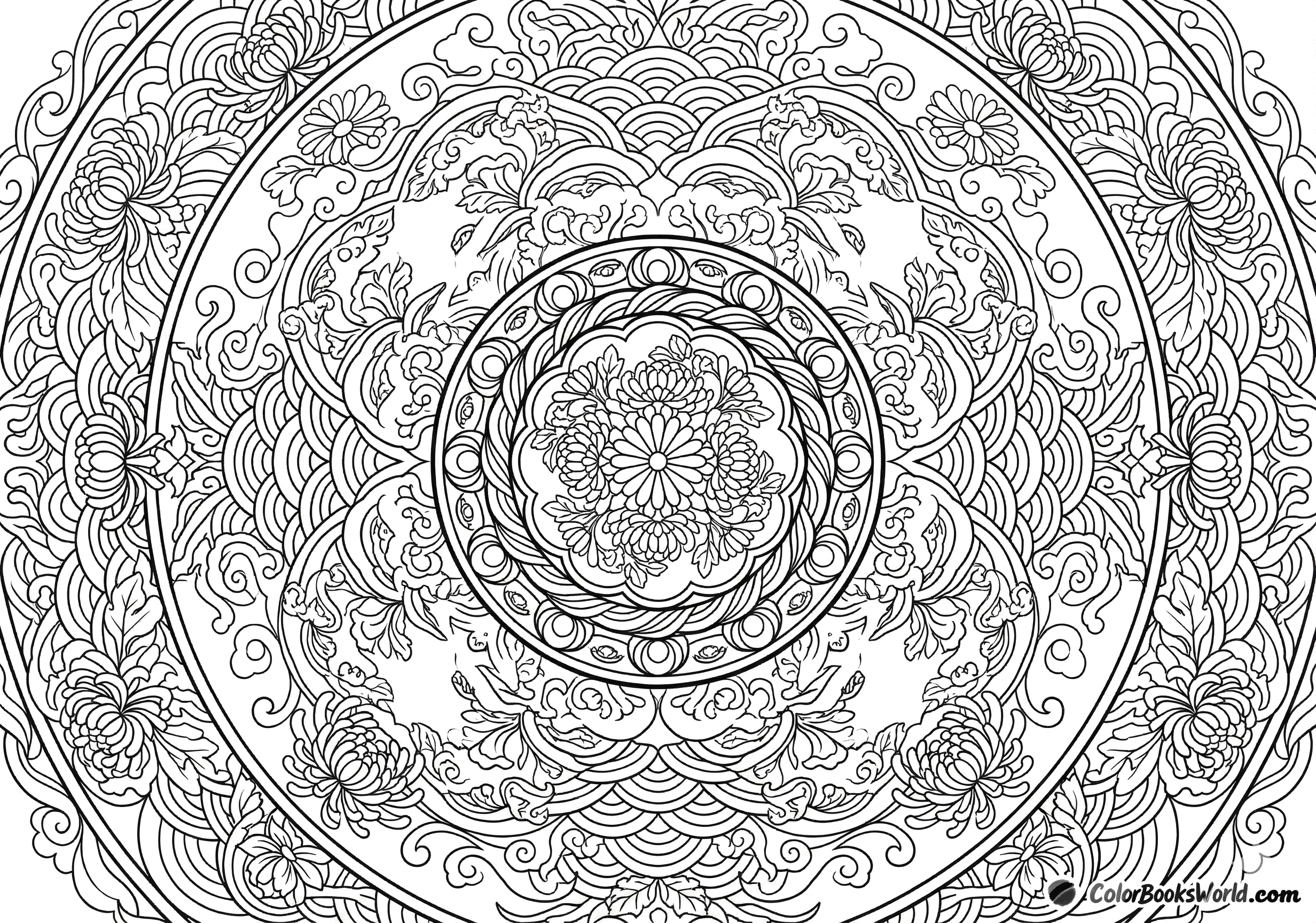 Intricate Japanese mandala with chrysanthemums, Seigaiha waves, and cloud scroll motifs.