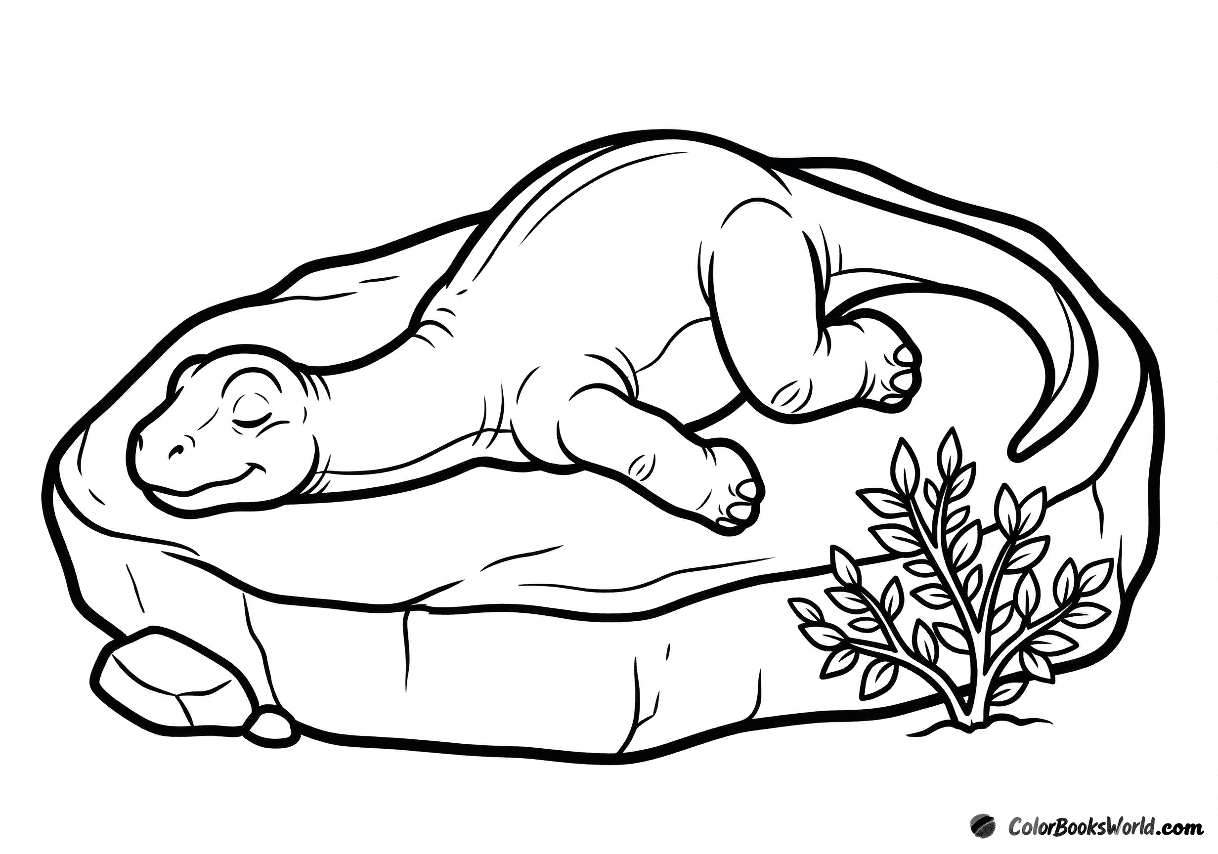 A young long-necked sauropod lies relaxed on a large flat rock beside a small shrub.