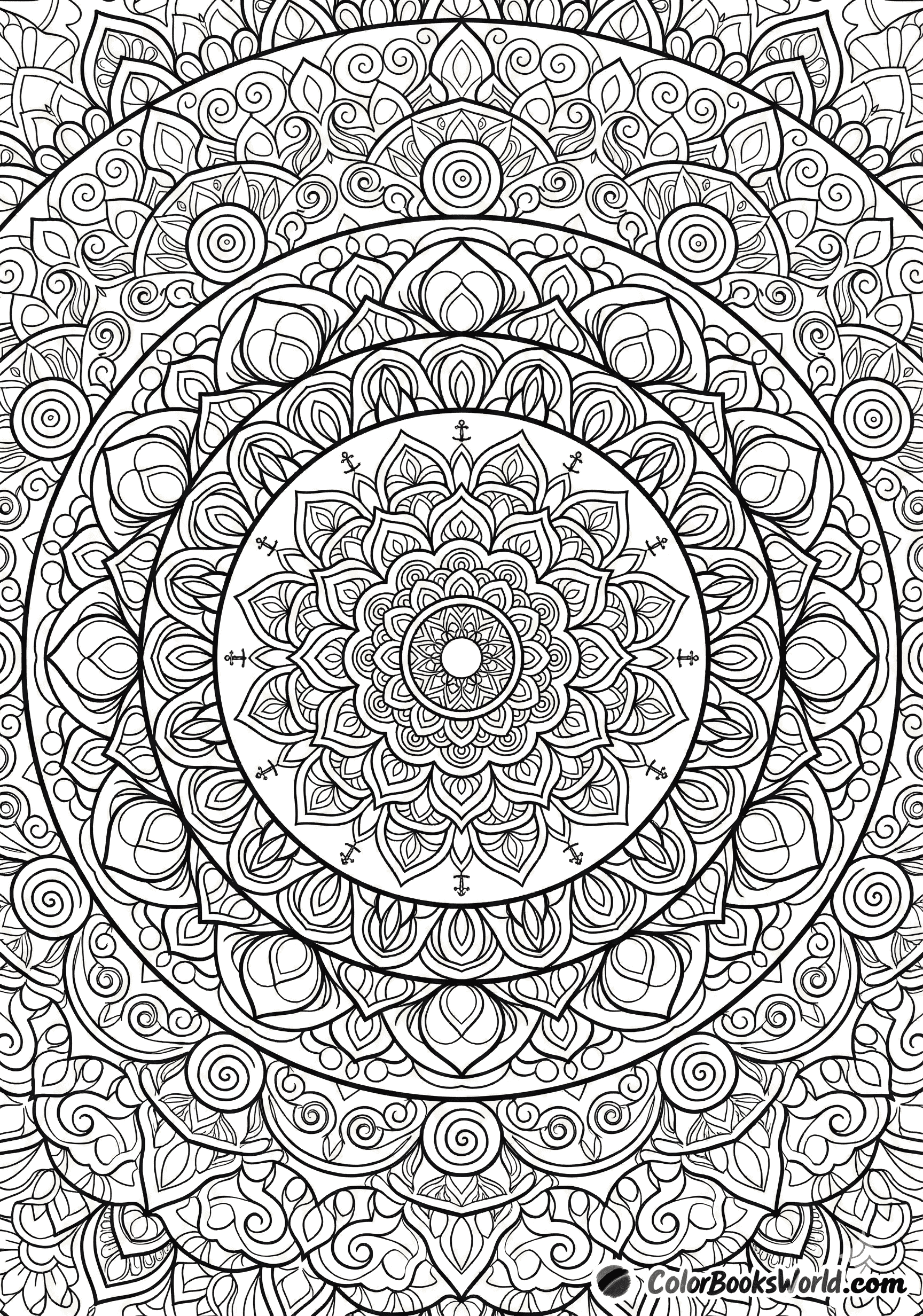 Intricate line art of concentric kaleidoscope rings with geometric petals, spirals, and teardrop patterns in a radial composition.