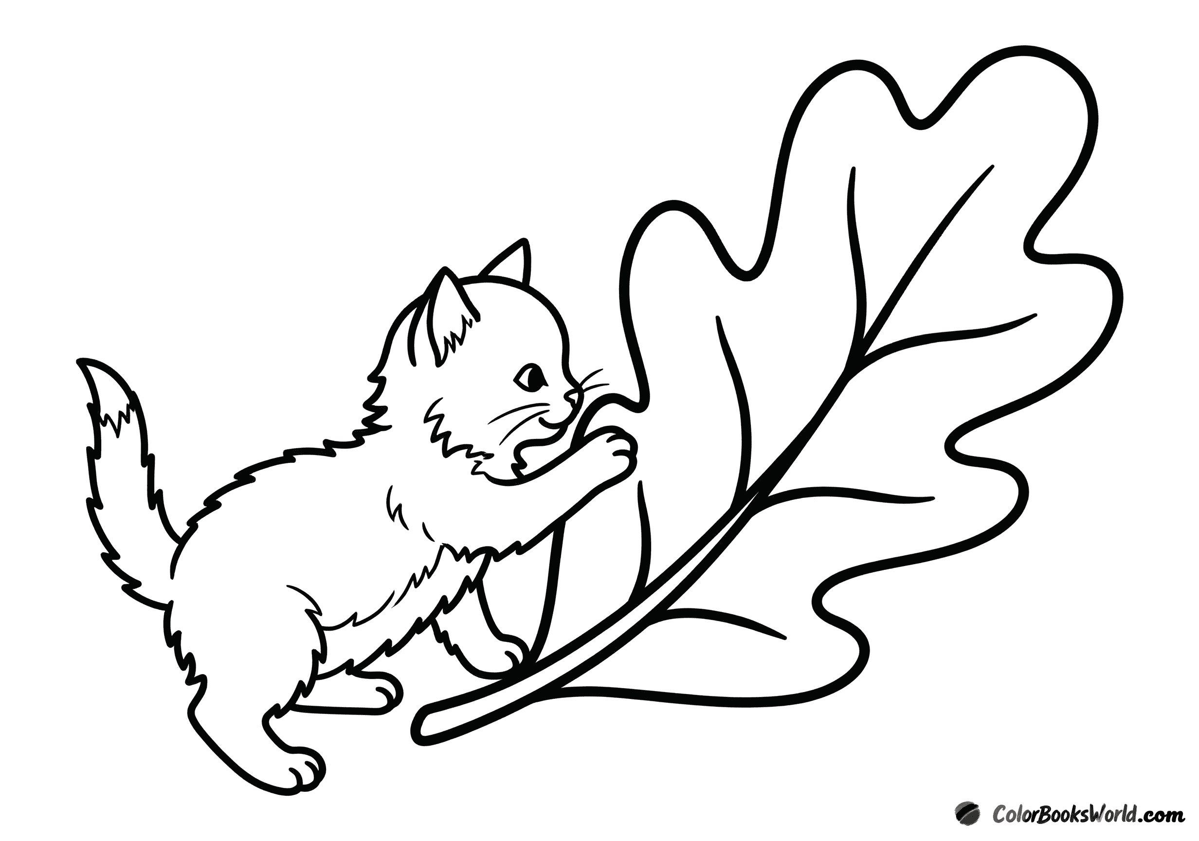 A cute kitten reaches out a paw to touch a large, stylized autumn leaf.