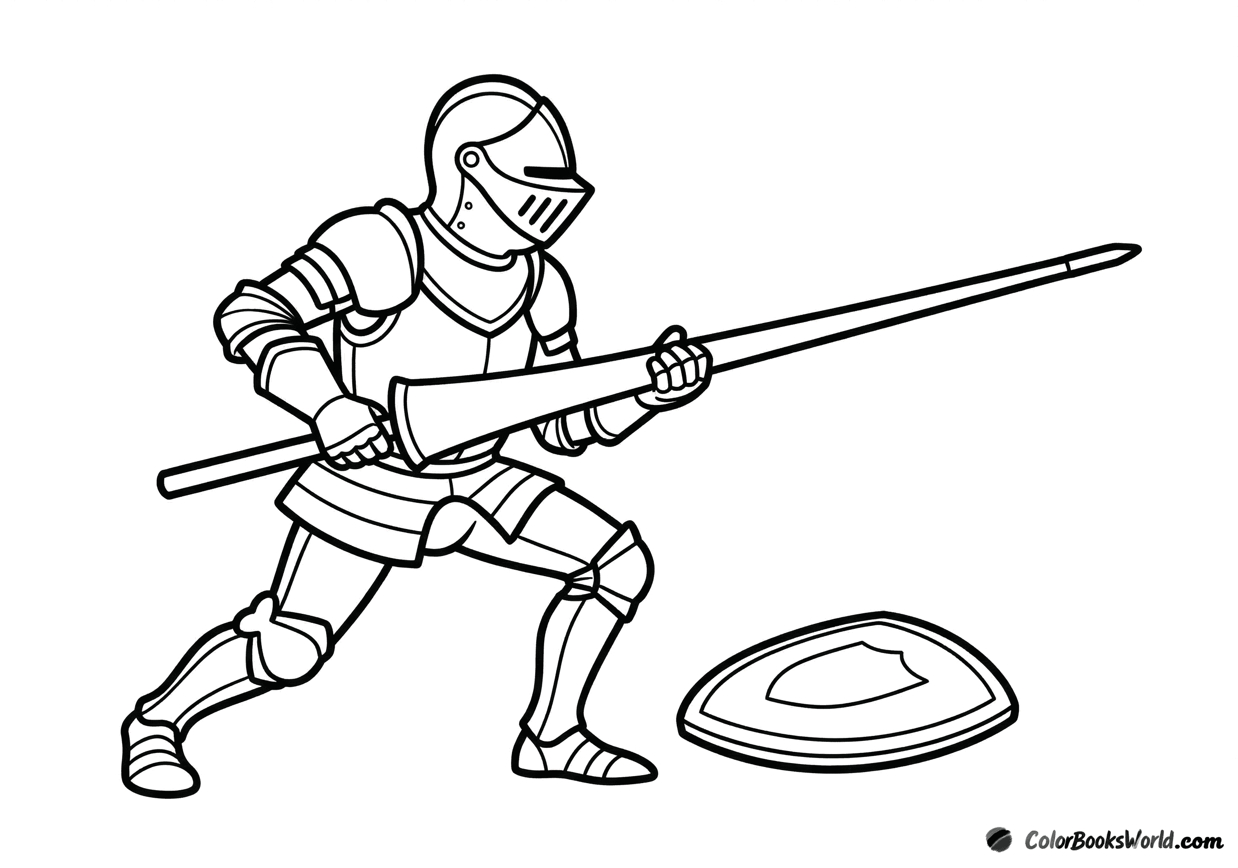 Cartoon knight in armor holding a jousting lance and a shield, standing in a tournament pose.