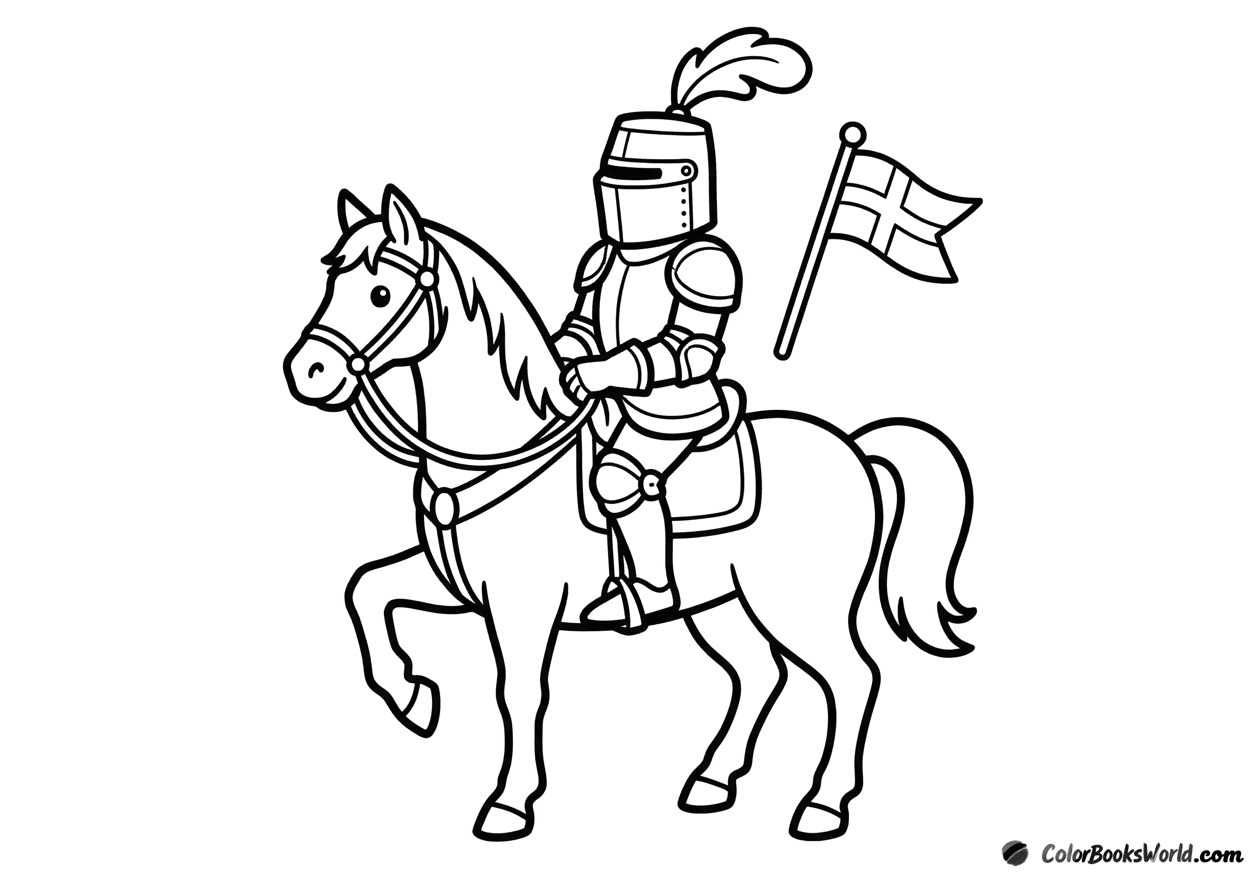 A knight in full armor rides a proud horse while holding a small flag.