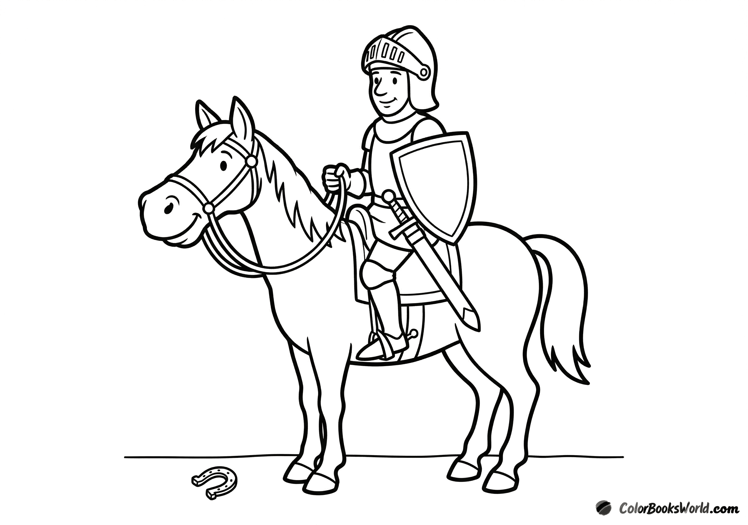 Cartoon knight in armor riding a horse in side view, with a sheathed sword at his side.