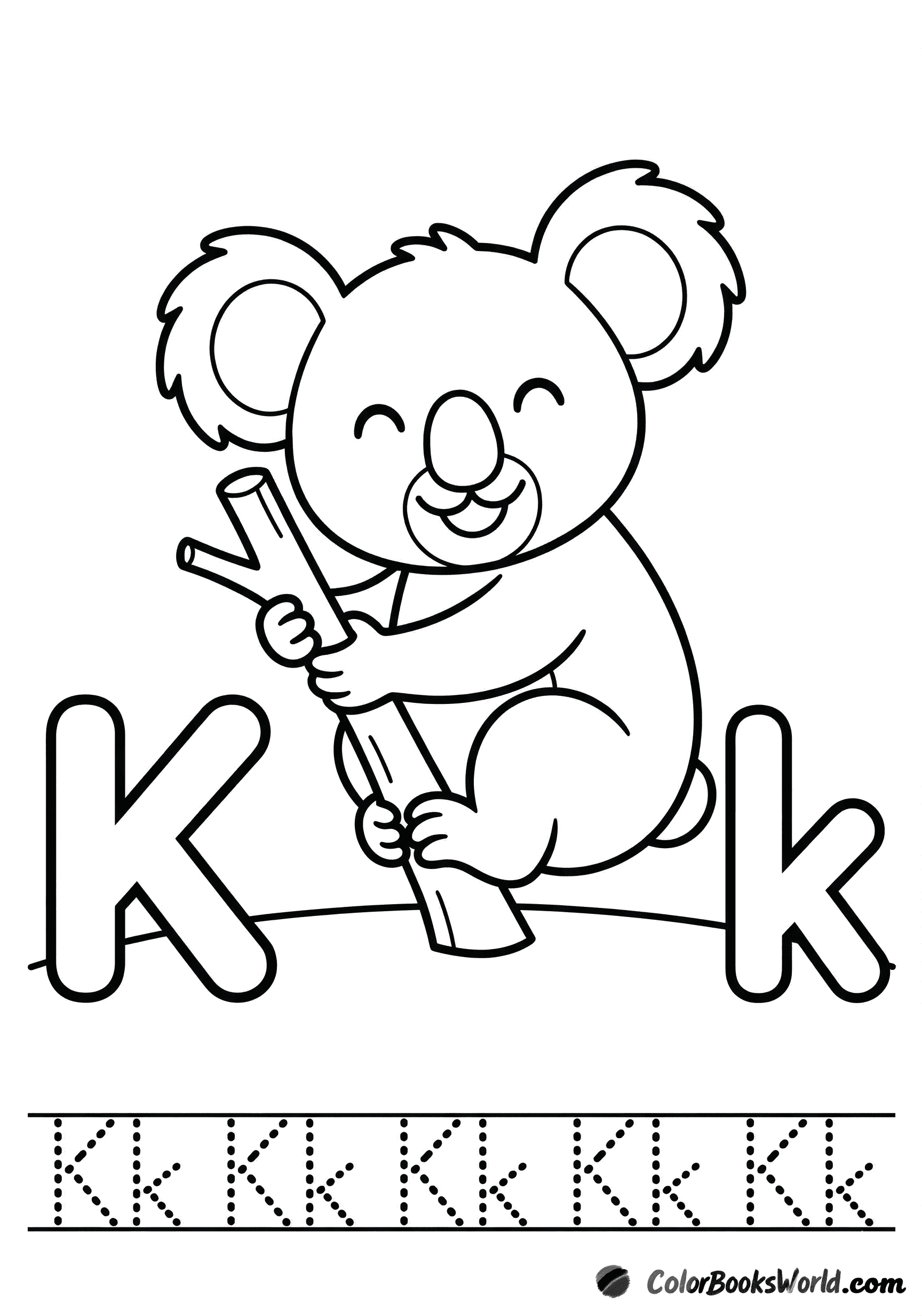A smiling koala on a branch beside big bubble letters K and k, with a dotted tracing line below.