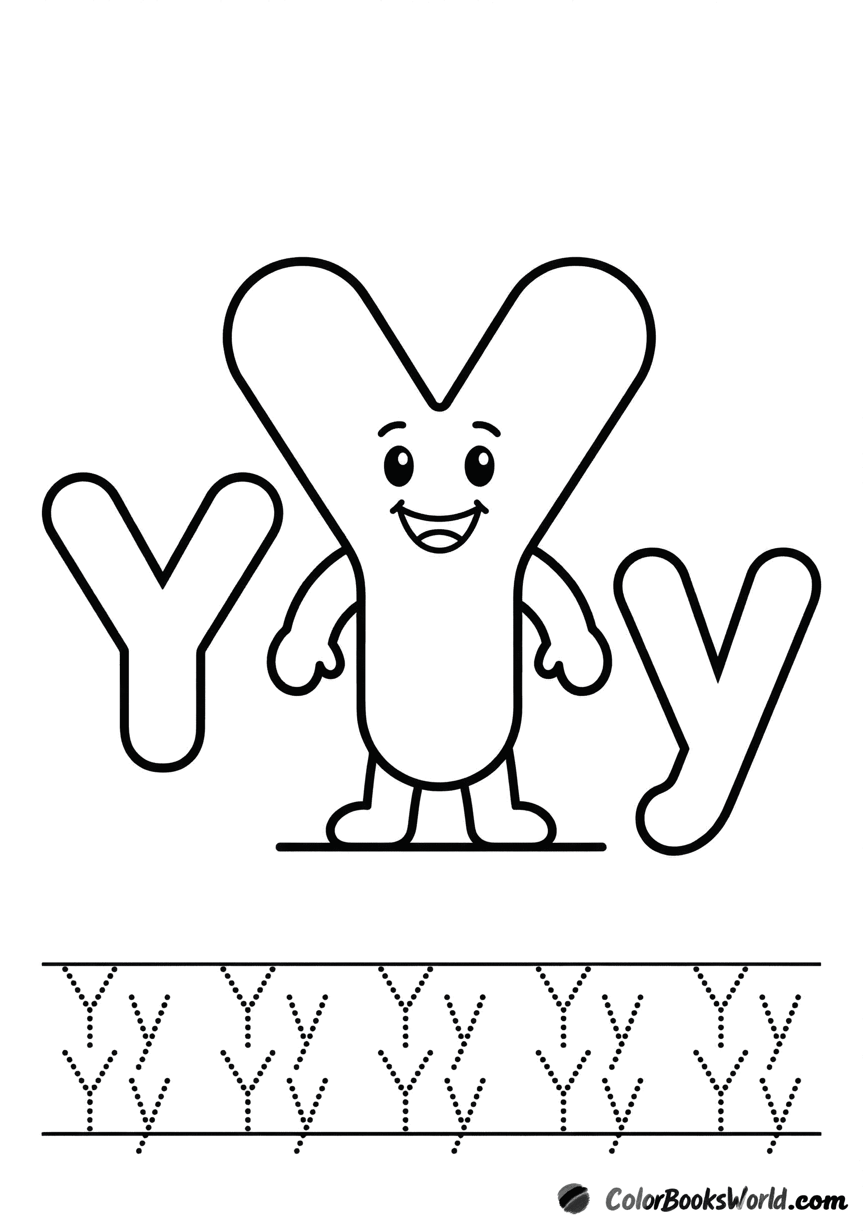 A smiling Y-shaped character between big bubble letters Y and y, with a dotted tracing row below.