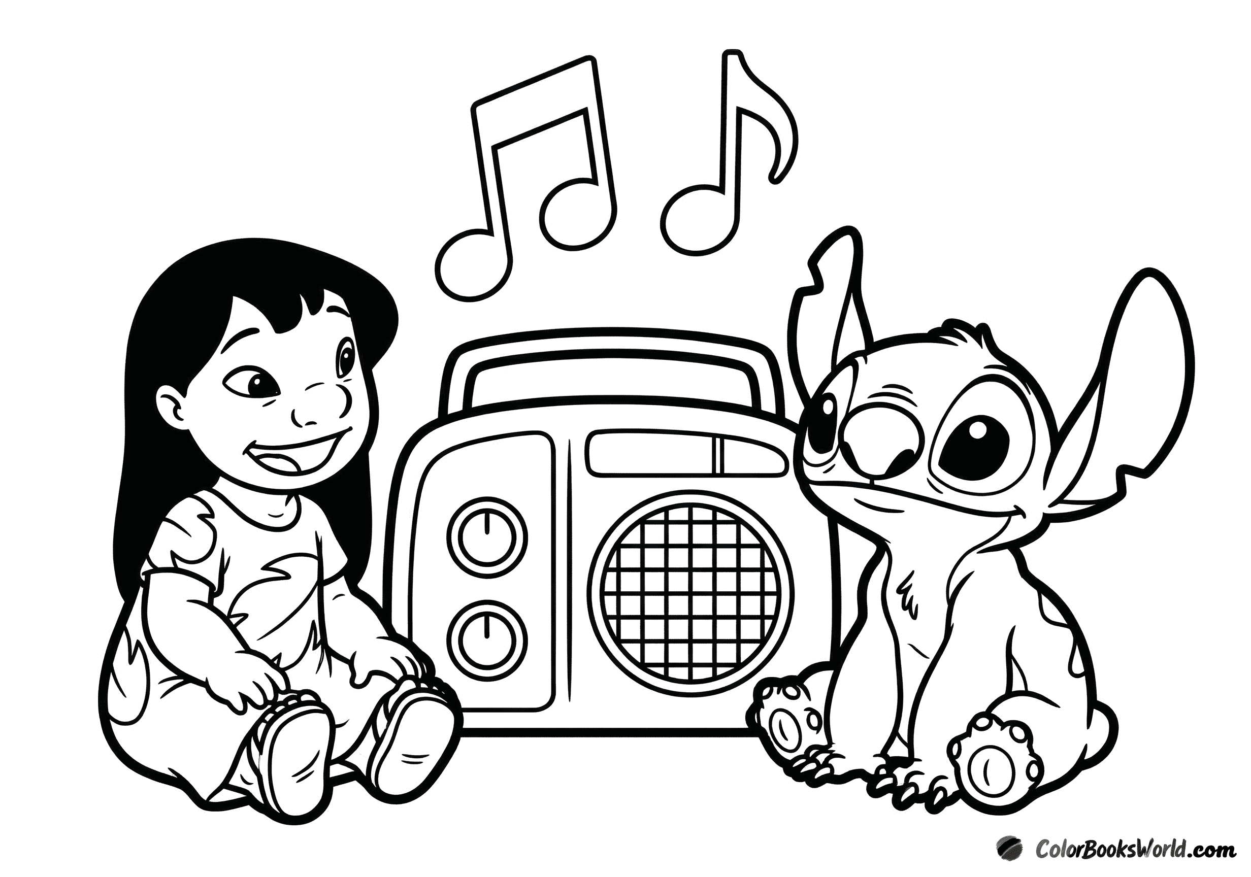 Lilo and Stitch sit beside a vintage radio as musical notes float in the air.