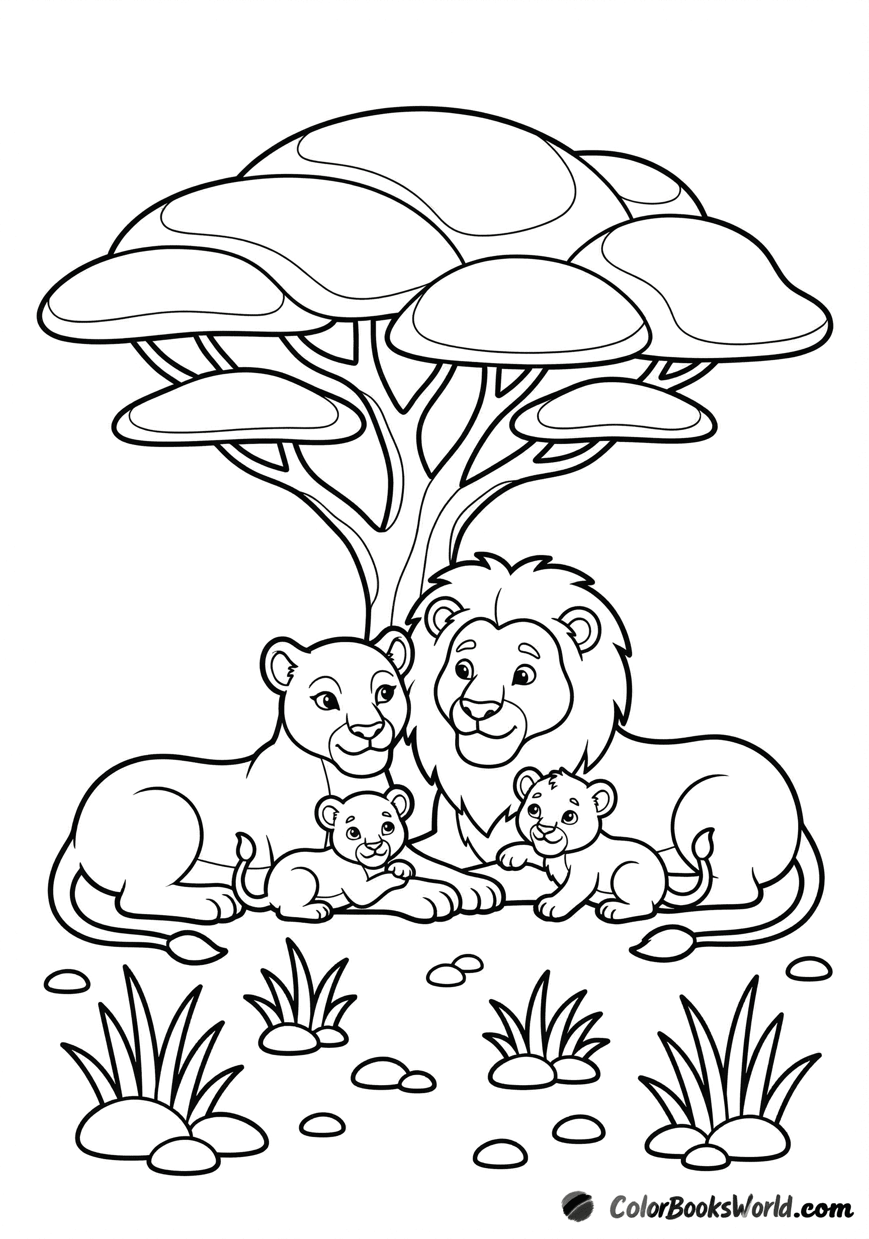 A lion, lioness, and two cubs resting together beneath a baobab tree on the savannah.