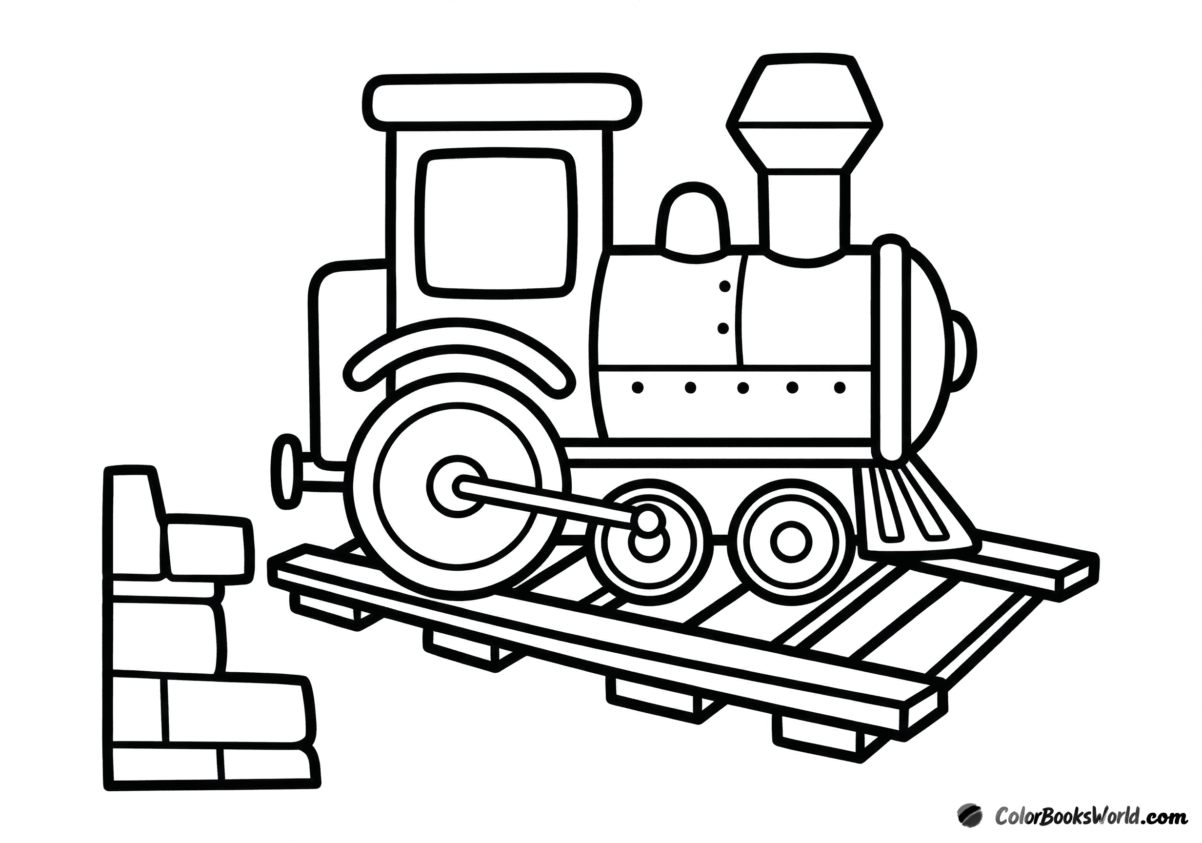 A small locomotive crossing a simple railway bridge above the tracks.