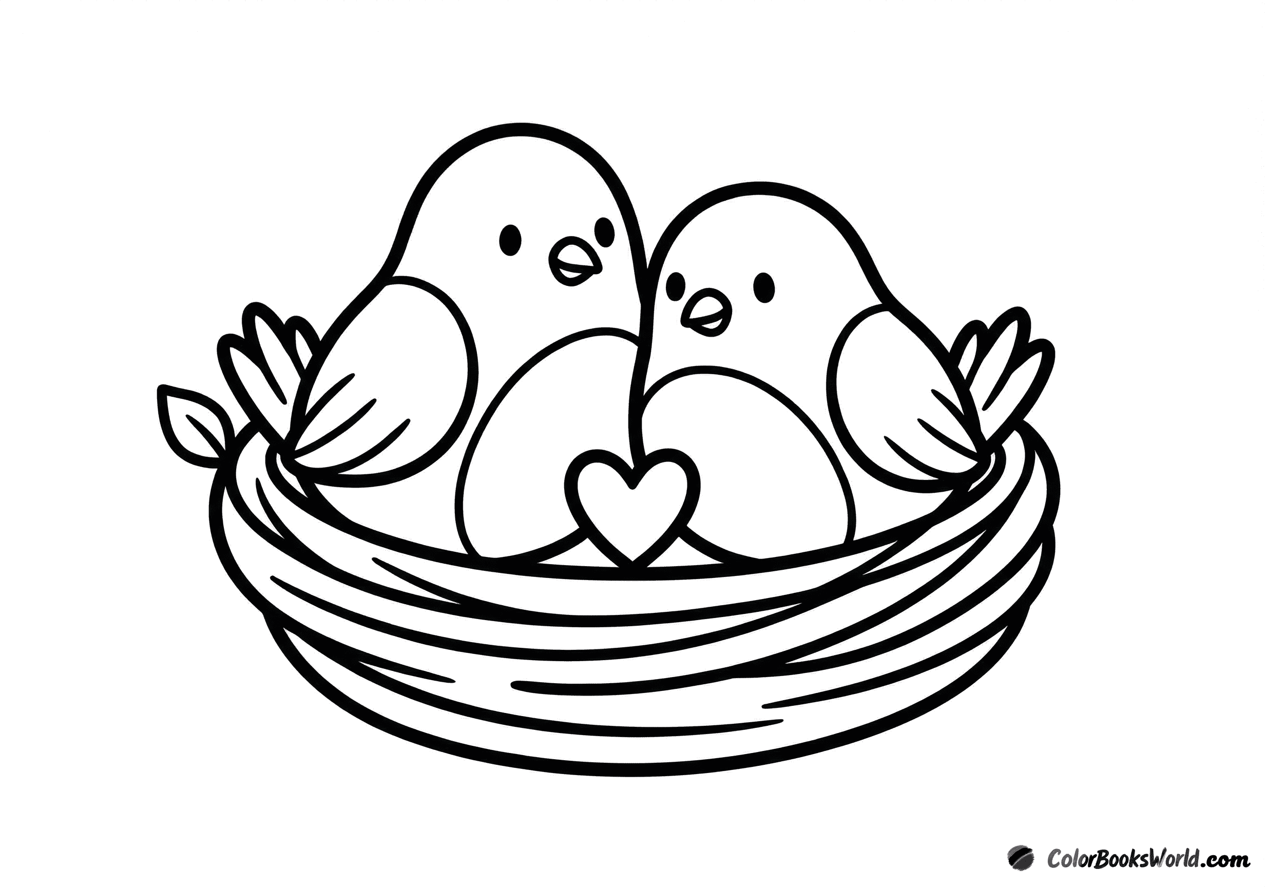 Two chubby lovebirds sit together in a nest with a small heart between them.