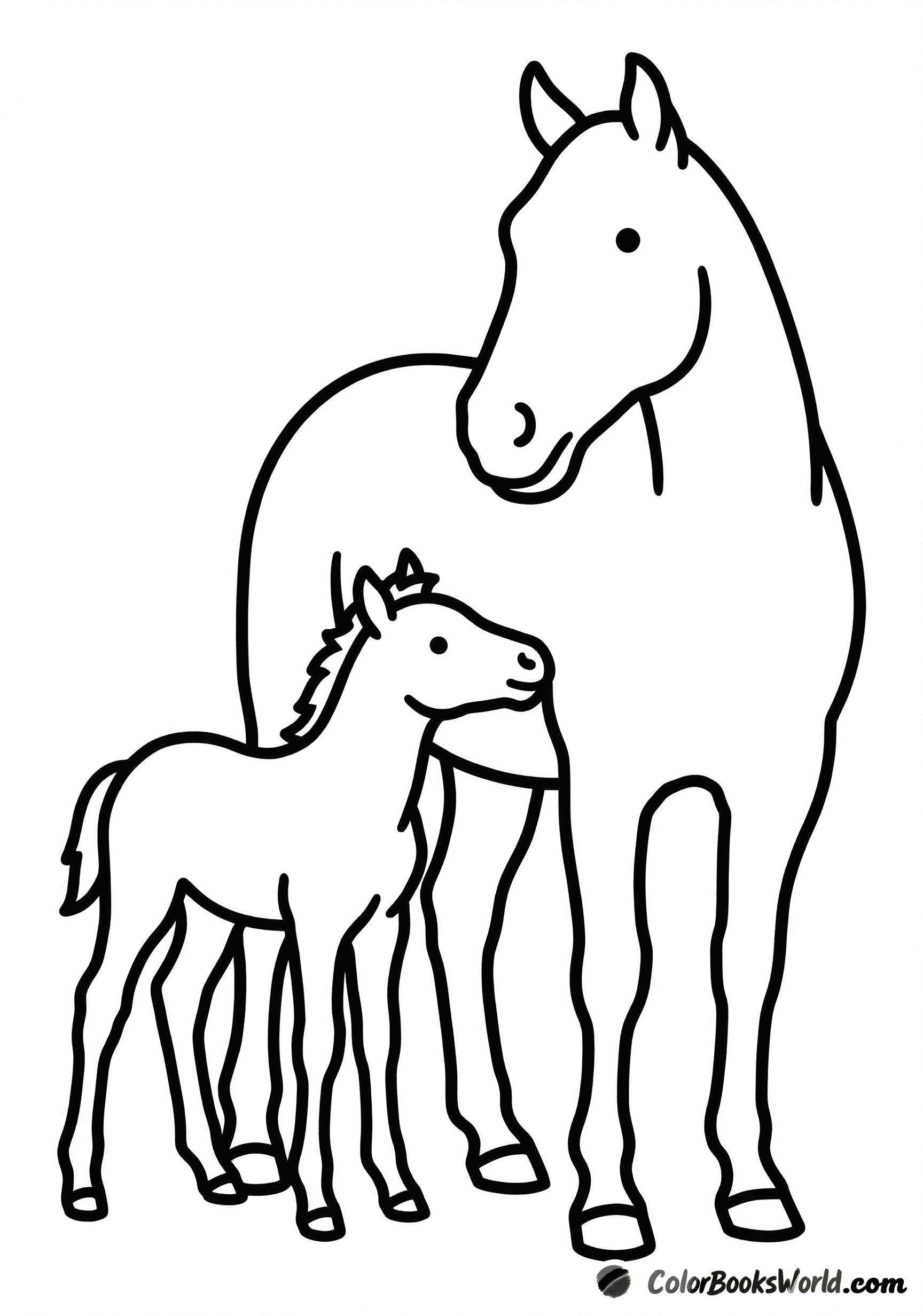 A mare stands while her small foal nuzzles against her side.