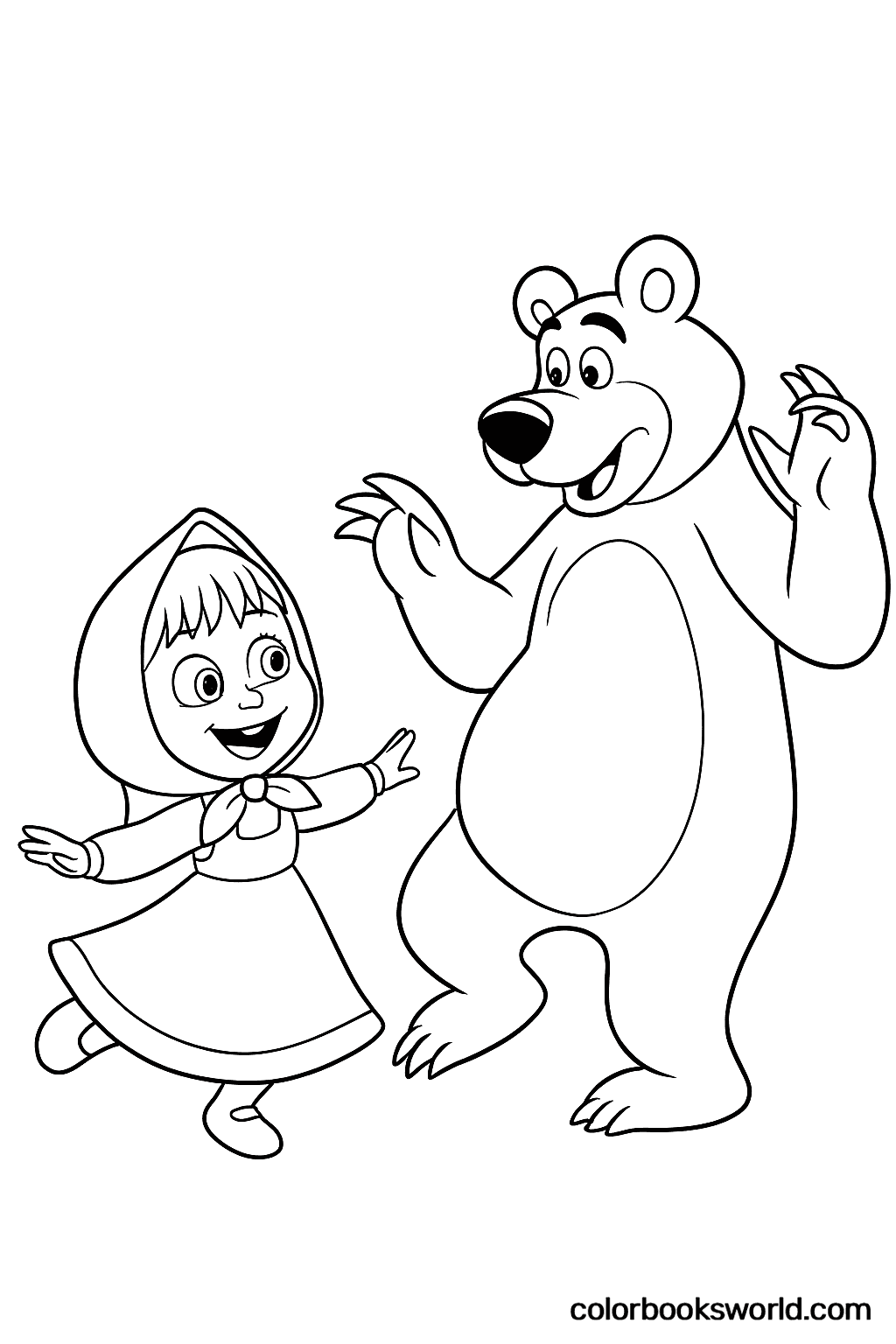 Masha twirls in her dress while the Bear clumsily tries to copy her dance moves.