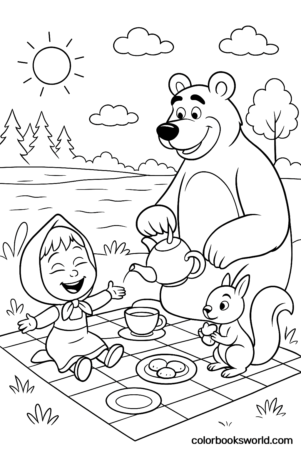 Masha sits on a checkered blanket as Bear pours tea, with Hare eating a sandwich and Squirrel holding an acorn by the lake.