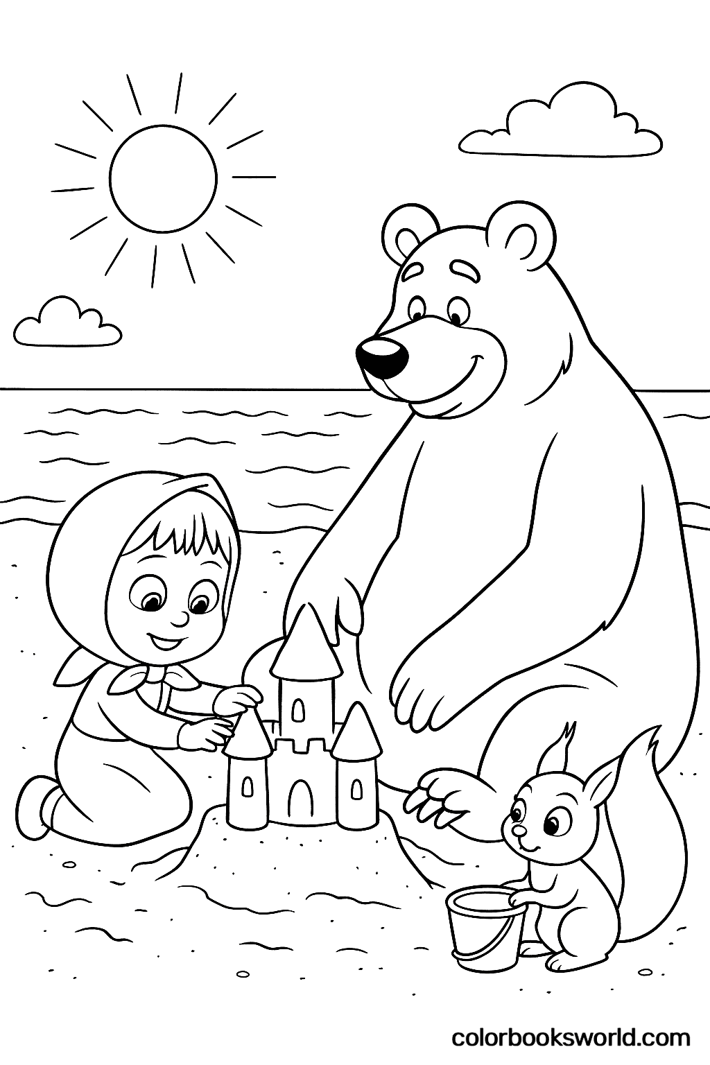 Masha shapes a sandcastle tower as Bear pats the sand while a squirrel watches with a small bucket.