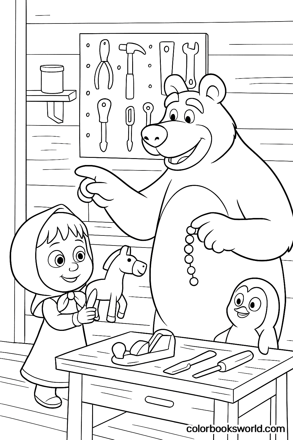 Masha holds a wooden toy as Bear points to tools on the workbench, with Penguin watching nearby.