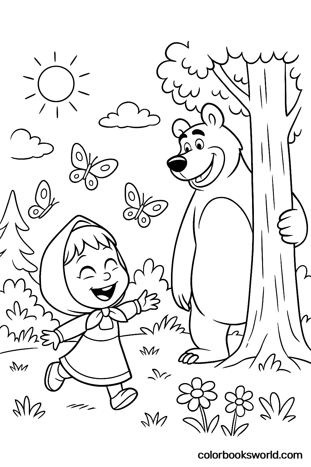 Masha laughs with eyes closed chasing butterflies as the Bear smiles, leaning on a tree in a sunny forest clearing.