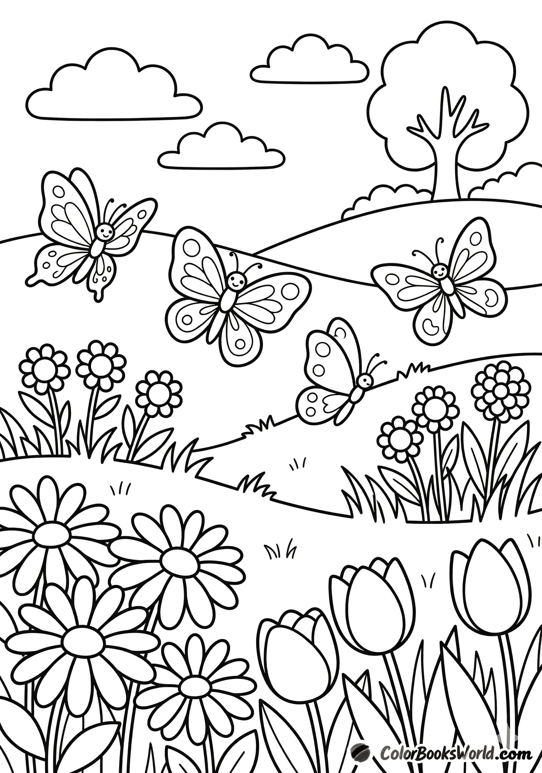 Smiling butterflies fly above a meadow filled with daisies and tulips near a stylized tree.