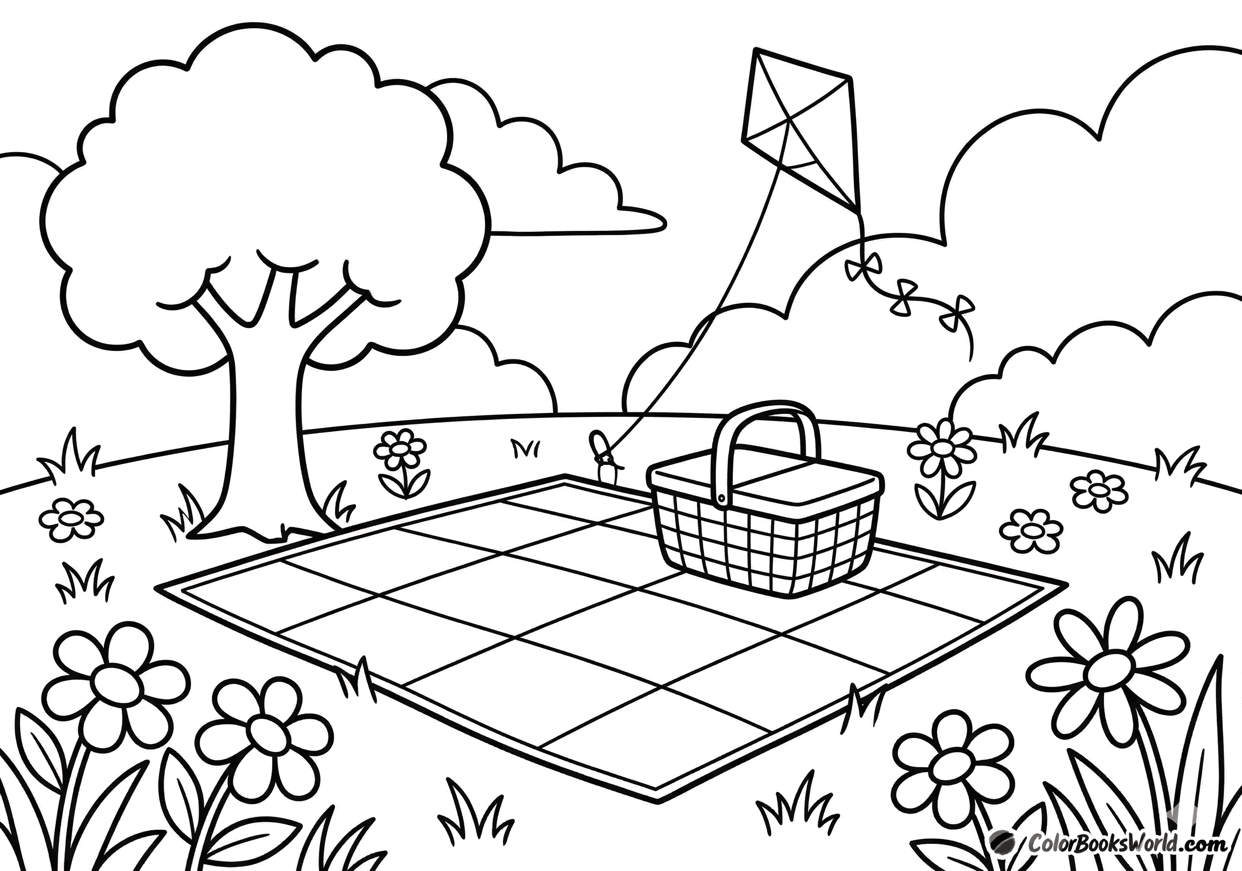 A picnic blanket and basket under a tree, with a kite flying above a flowered meadow.