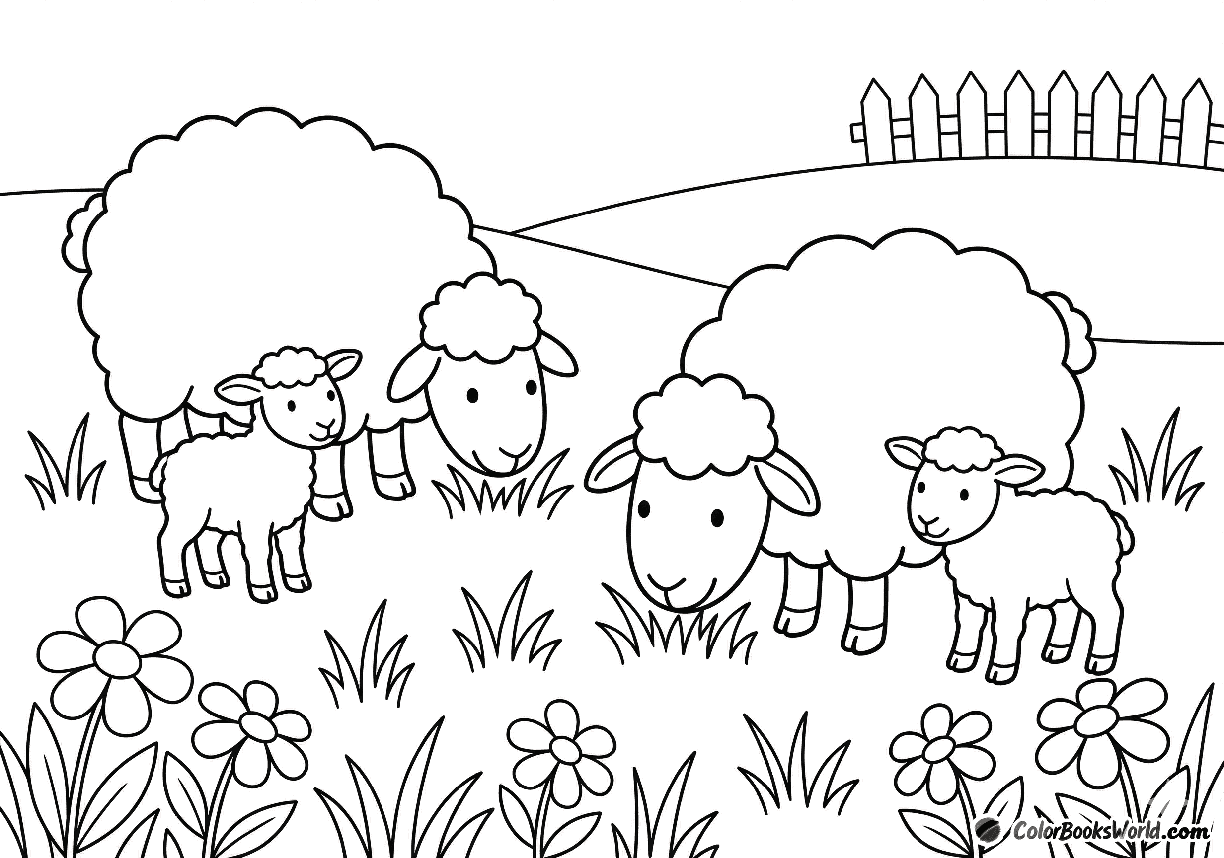 Two adult sheep and two lambs graze in a flower meadow near a picket fence and rolling hills.