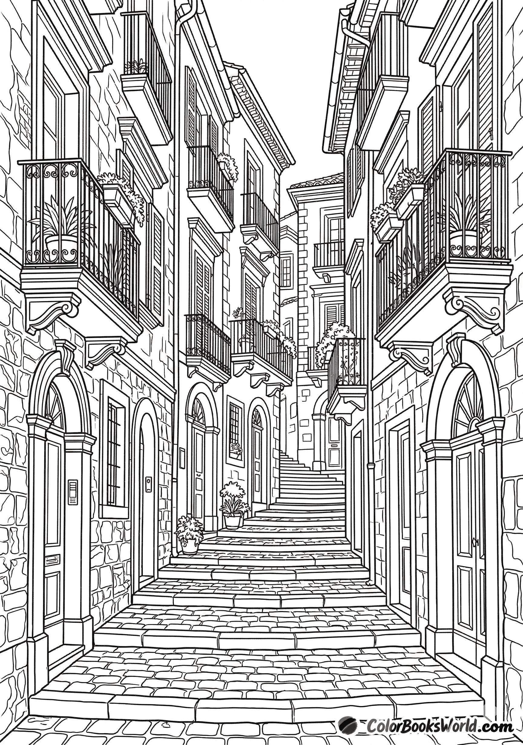 Narrow stone stairs winding between tall Mediterranean townhouses with ornate balconies and arched doorways.