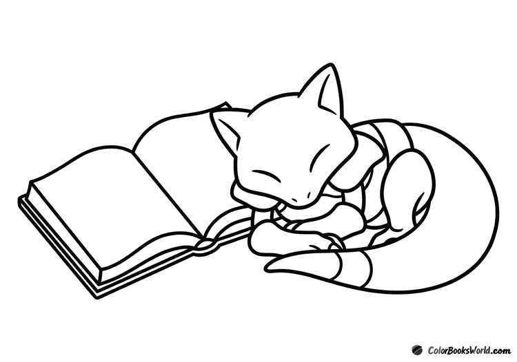 Abra curled up beside an open book, resting peacefully.