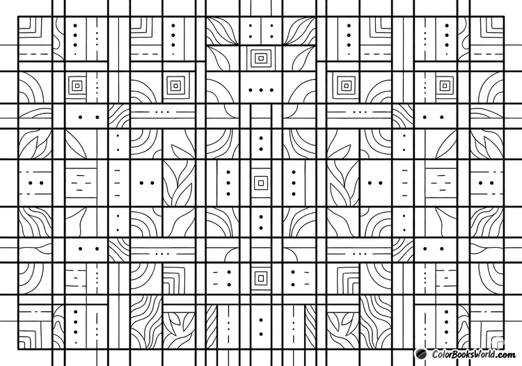 A minimalist black and white grid with repeating geometric micro-motifs, dots, and lines for adult coloring.