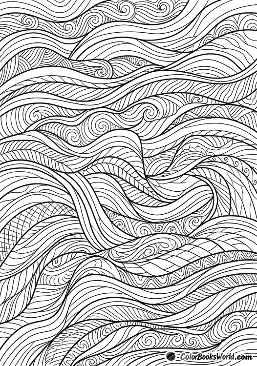 Intricate line art showing layered undulating waves and flowing bands with internal linear textures for adult coloring.