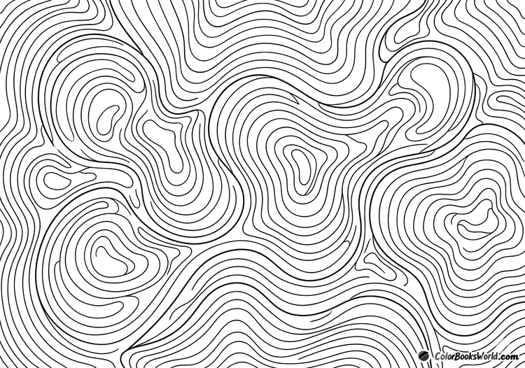 Abstract black and white line art of fluid topographic contour lines forming concentric loops and waves.