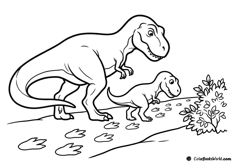 An adult T-rex and a young T-rex walk side by side, following footprints near a small bush.