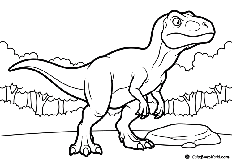 An alert Indominus Rex stands by a tree line and a flat rock in a forest clearing.