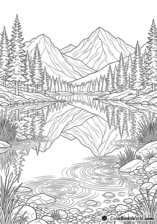 Line art of a calm alpine lake reflecting pine trees and jagged mountain peaks, with ripples in the foreground.