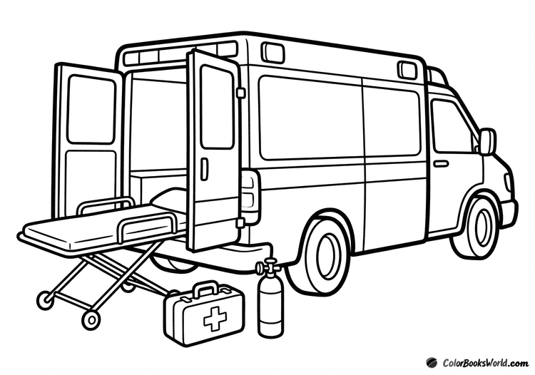 Ambulance with a stretcher partly pulled out, plus an oxygen tank and first-aid kit beside it.