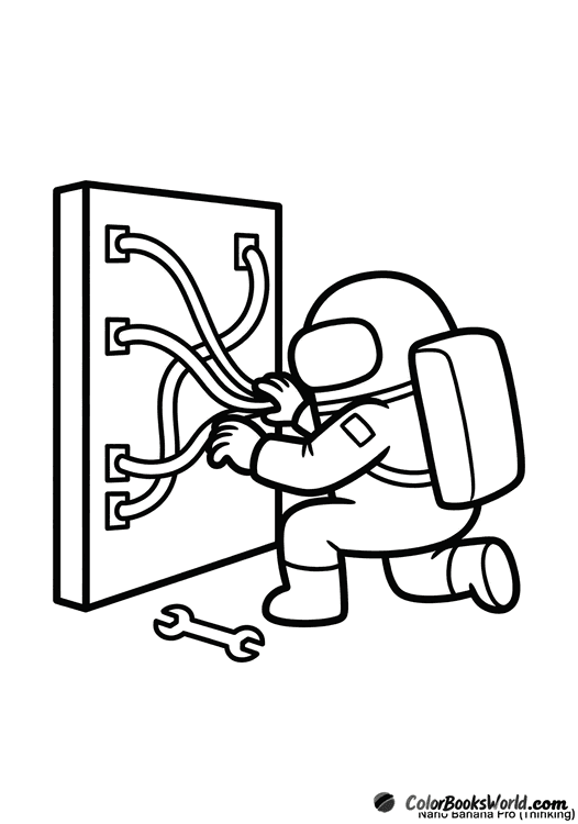 A crewmate kneels by an electrical panel, connecting three wires.